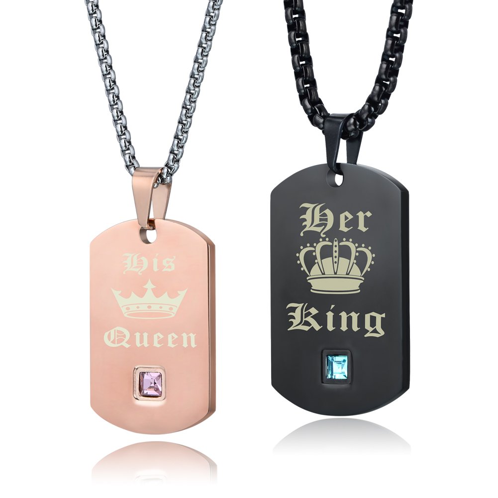 King and Queen Couples Necklaces Stainless Steel Dog Tags Chain His & Hers Matching Jewelry Gifts for Valentine's Day