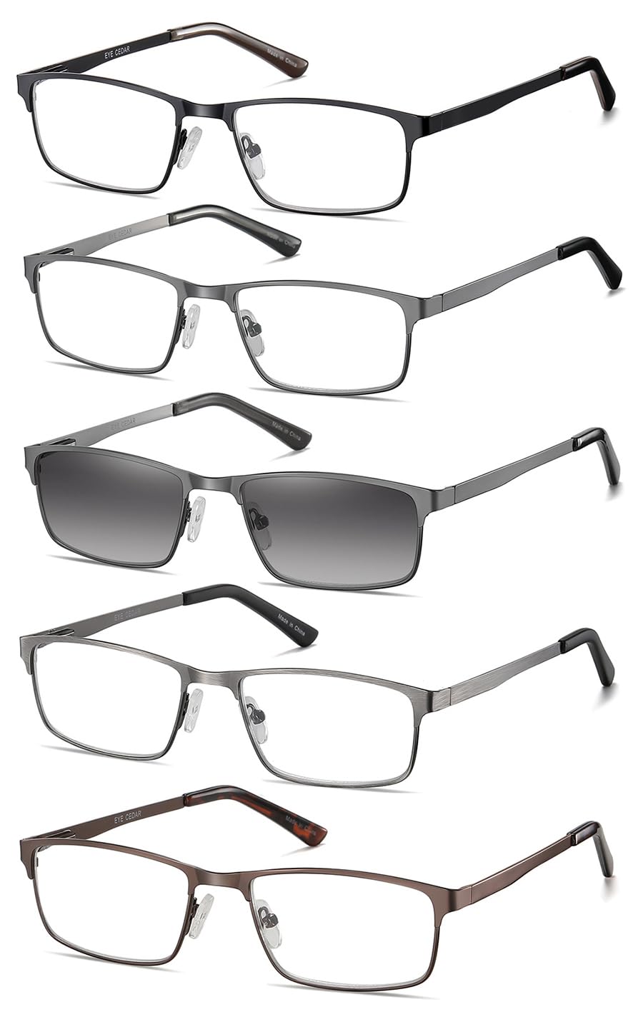 EYECEDAR5-Pack Reading Glasses for Men Rectangular Metal Readers Eyeglasses Spring Hinges with Sun Readers Glasses Mens Readers 2.5