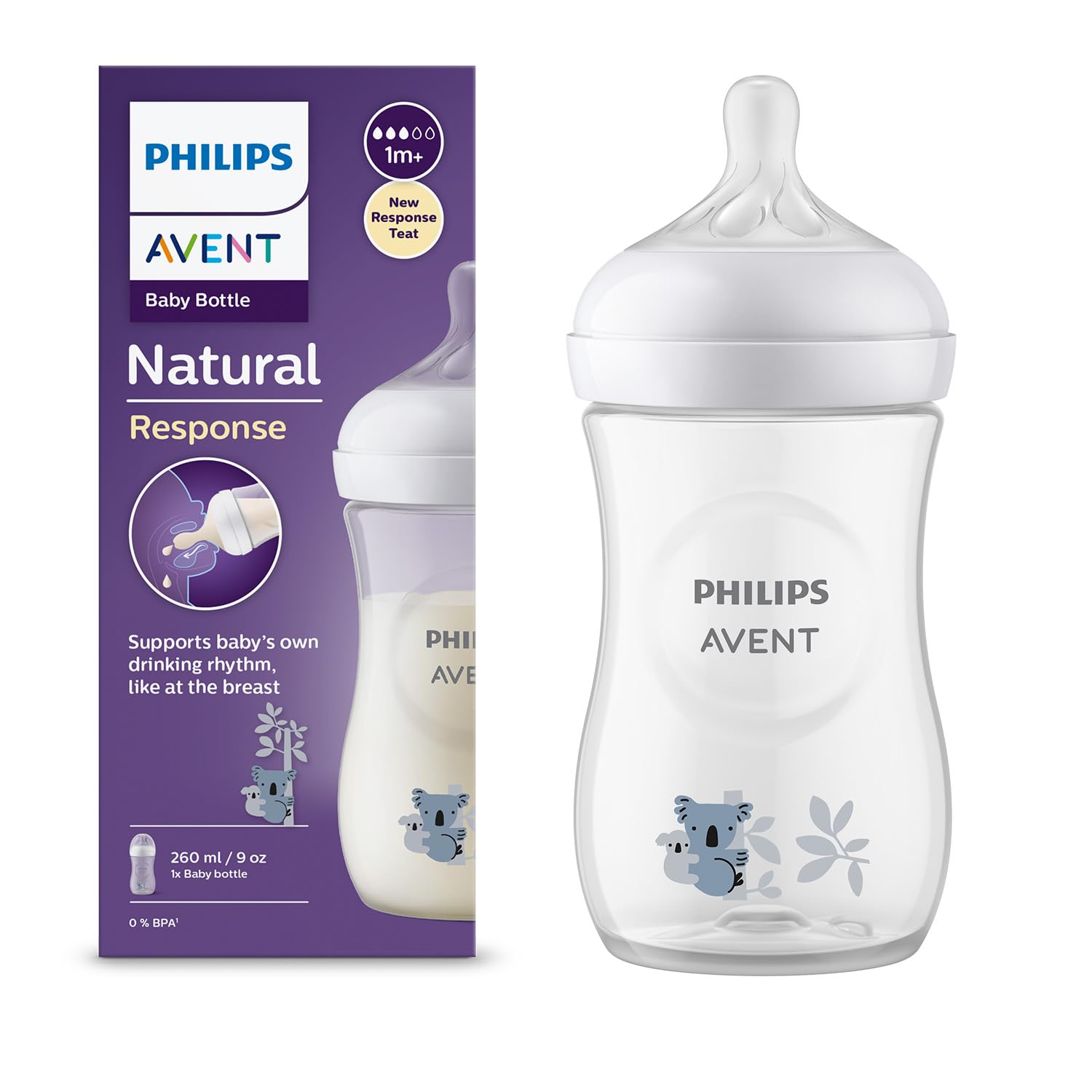 AVENT Philips Natural Response Baby Bottle - 260ml Baby Milk Bottle, BPA Free for Babies 1 Month+, Koala Pattern (Model SCY903/67)