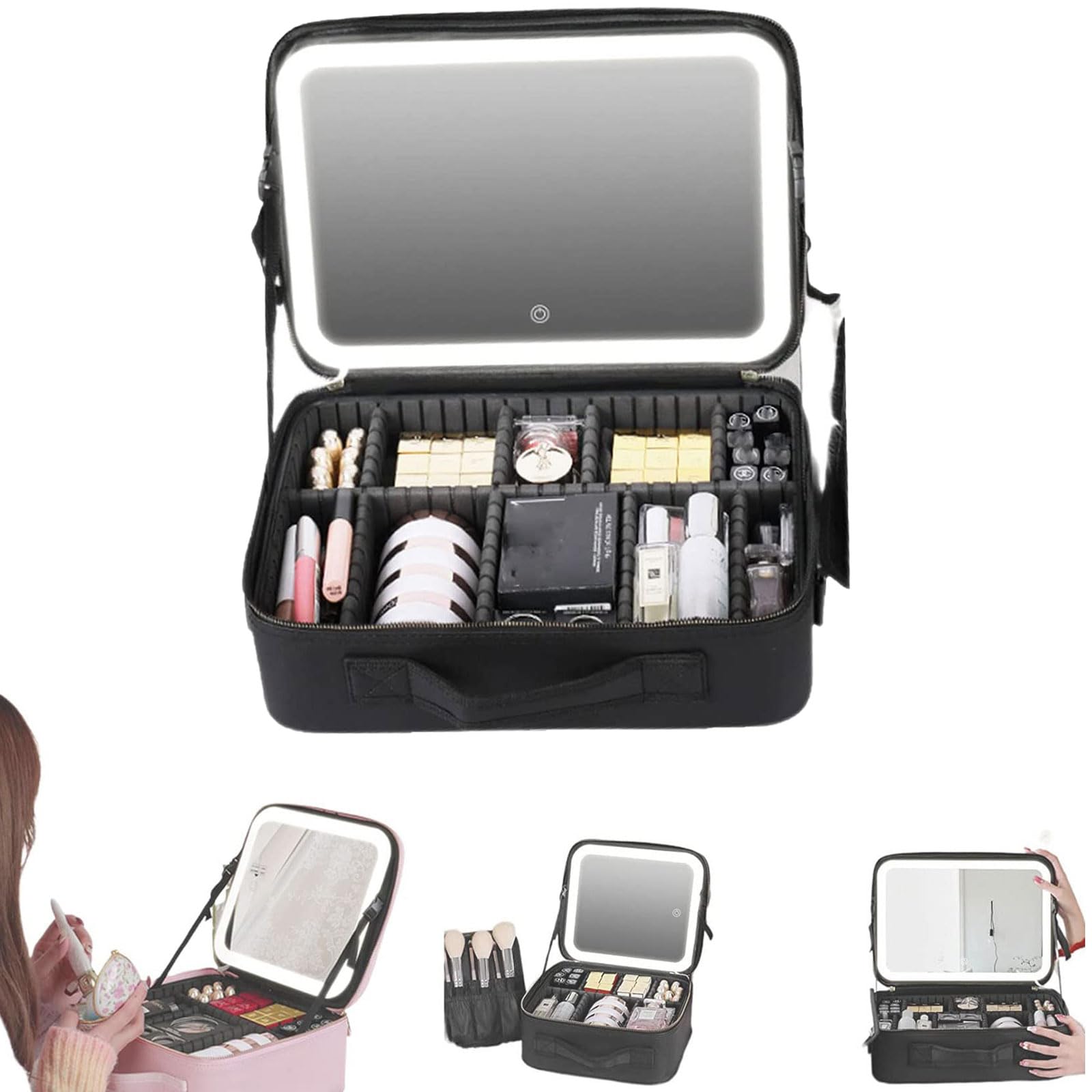 OSTRI Belle&Rose Travel Makeup Bag, Belle&Rose Makeup Travel Bag with Mirror and Lights, LED Intelligent Makeup Mirror Cosmetic Bag Mirror 3 Color Lights Adjustable Brightness(Black,large)