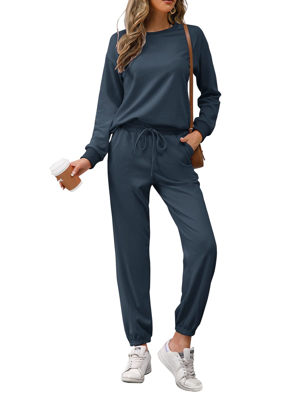 REORIAWomen's Tracksuit, Long Sleeve, Crew Neck, Plain Two-Piece Outfit, Hoodie, Jogger, Tracksuit Set, Sweatshirt & Jogging Bottoms, Nav