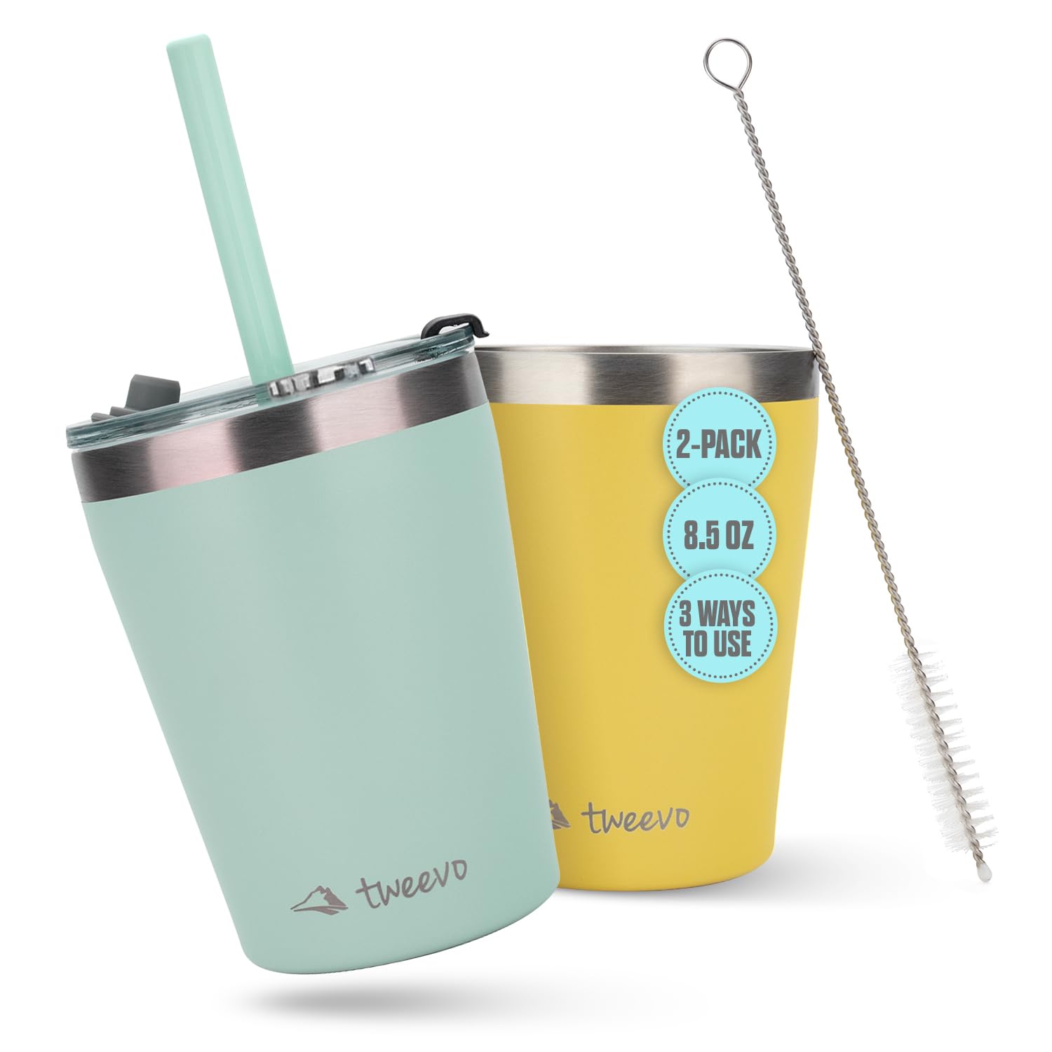 Sippy Cups For Toddlers 1-3 - Toddler Cups w/Screw Lids - Stainless Steel Kids Cups With Straws and Lids - 2 Pack (Yellow & Blue, 8.5oz)