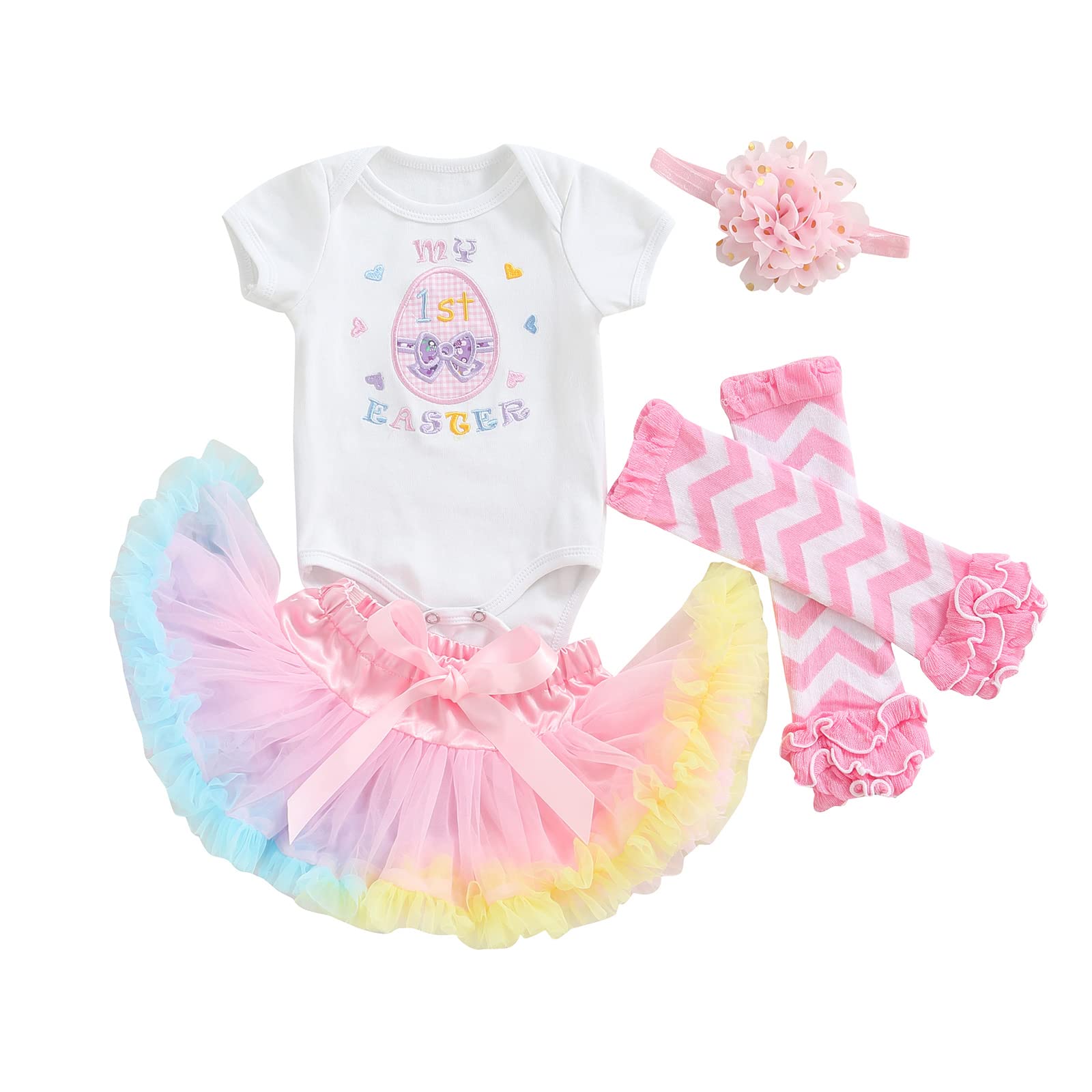 4Pcs My First Easter Baby Girl Outfits Set, Bunny Short Sleeve Romper+ Tutu Skirt +Headwear +Leg Sleeves Sets