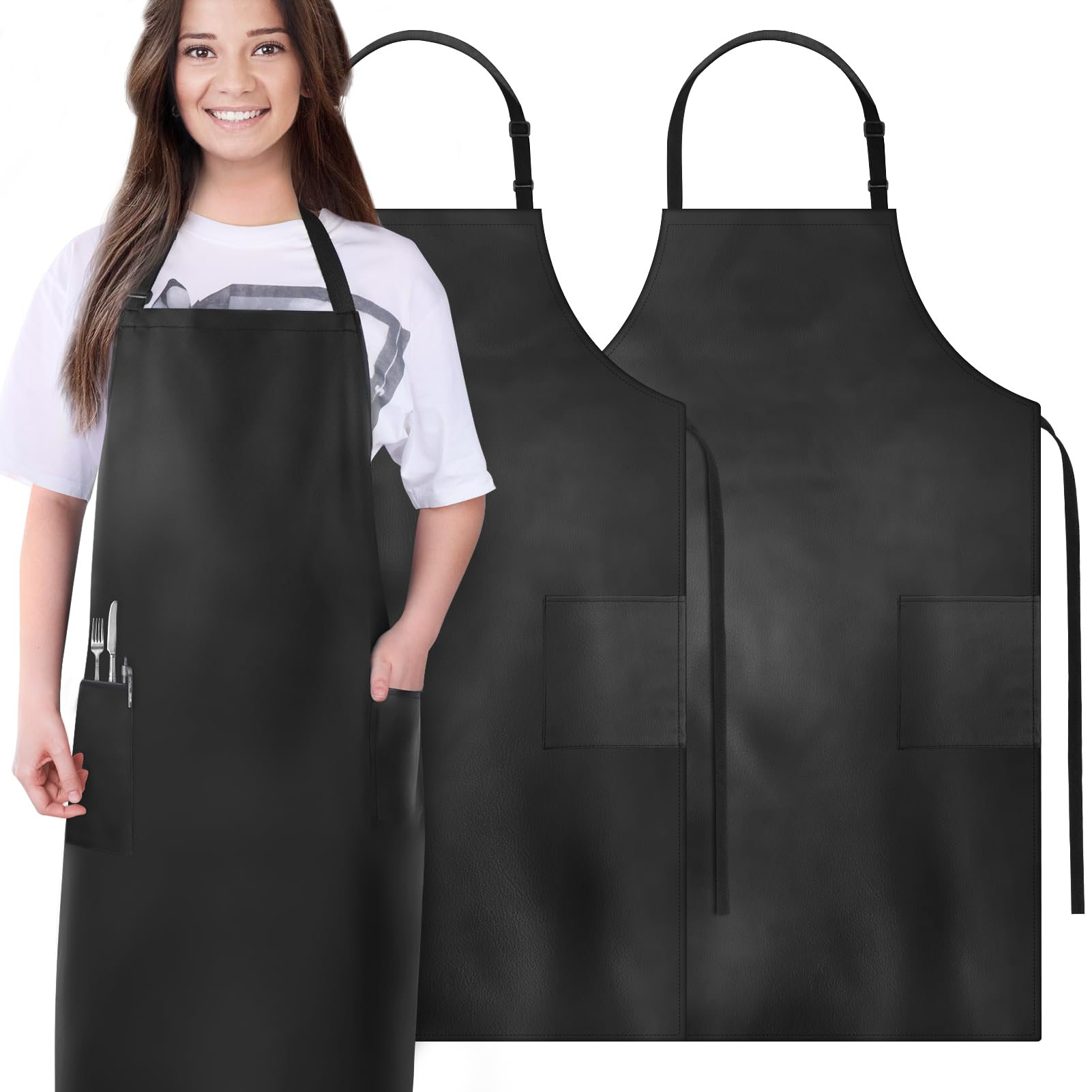 Gotega 2 Pack Aprons for Men Women with Large Pockets, Waterproof Rubber Vinyl Apron 40 Inch Heavy Duty Chef Apron Black Adjustable Work Apron for Dishwashing Kitchen Cooking Drawing