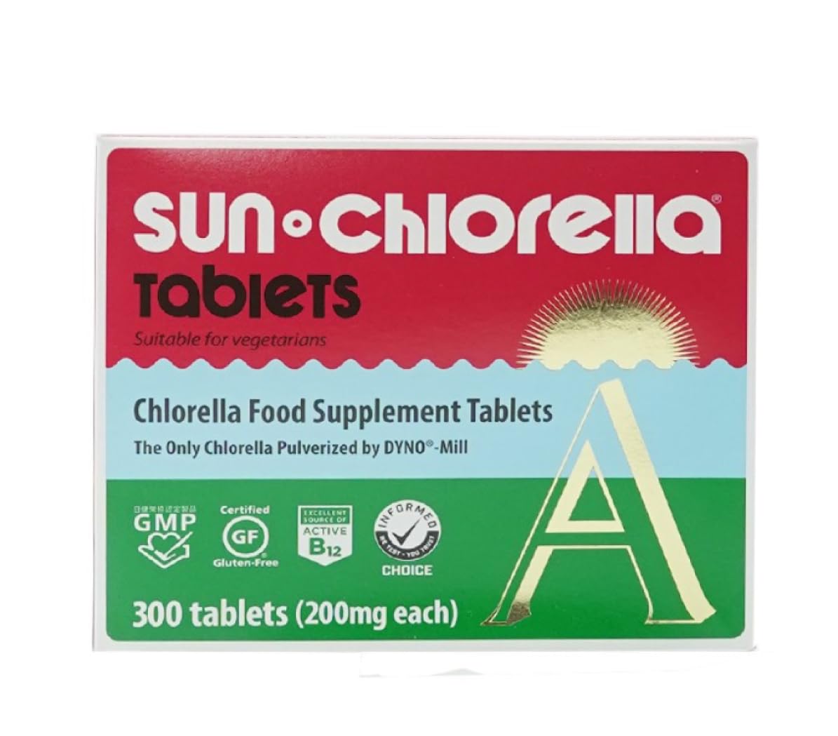 Sun Chlorella 200 mg Green Algae Superfood Supplement - Pulverized Cell Wall - Chlorophyll, CGF, Active B12, Iron, Protein - Non-GMO - 300 Tablets