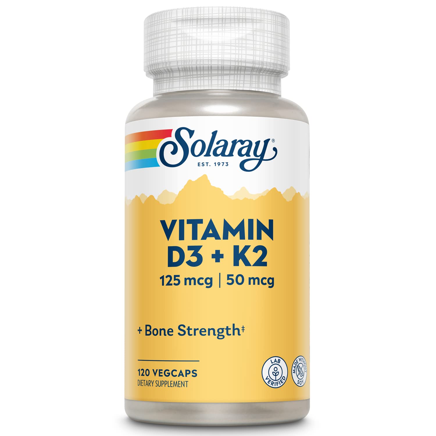 SOLARAY Vitamin D3 K2 - Bone Health and Immune Support Supplement - With 5000 IU Vitamin D as Vit D3 and 50 mcg Vitamin K2 as Menoquinone MK7, Made Without Soy, 60-Day Guarantee, 120 Serv, 120 VegCaps