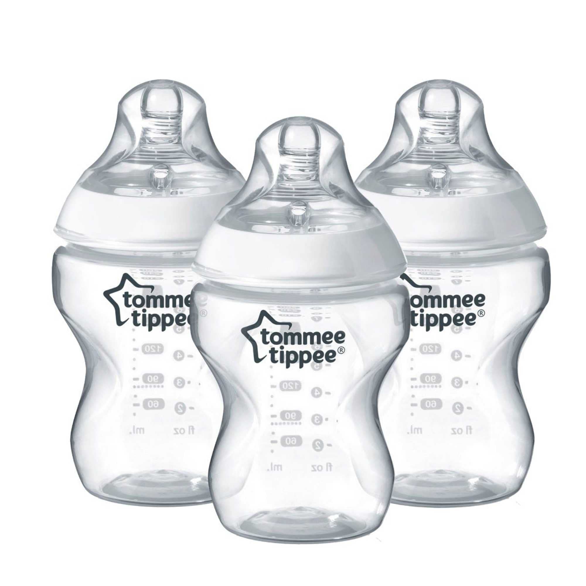 Tommee Tippee Closer to Nature® Baby Bottles, Breast-Like Teat with Anti-Colic Valve, 260ml, Pack of 3, Clear