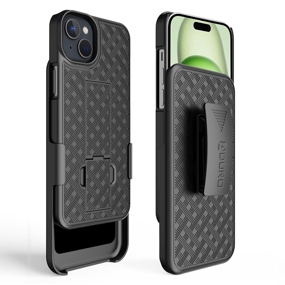 AduroCombo Case with Kickstand & Holster for iPhone 15, Slim Shell & Swivel Belt Clip Holster, with Built-in Kickstand for Apple iPhone 15 (6.1")