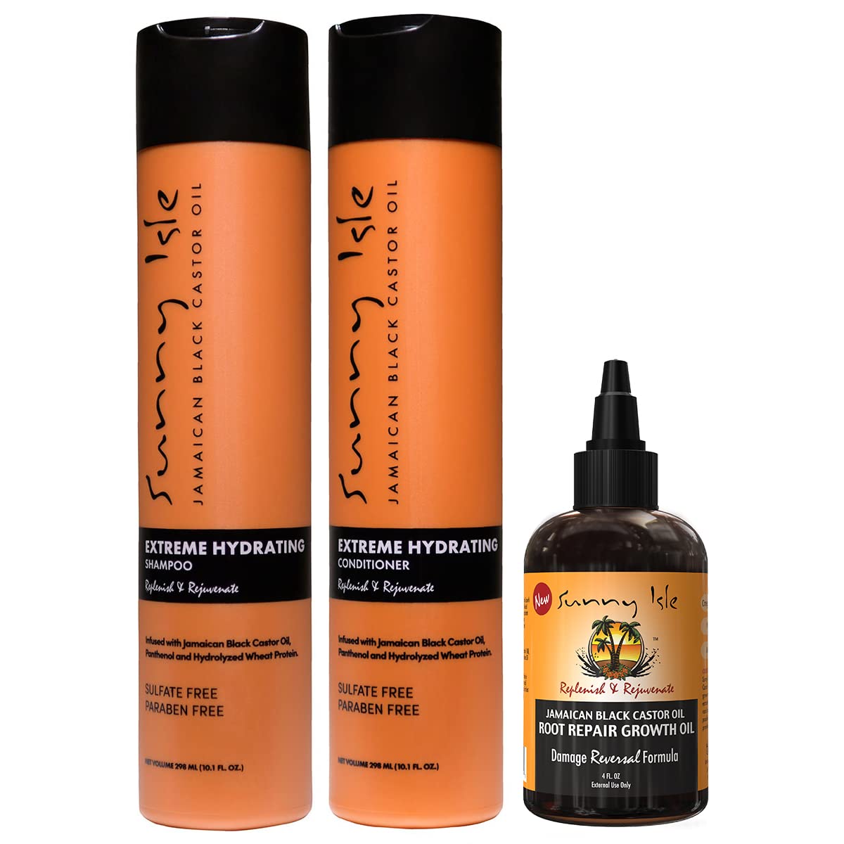 Sunny IsleJamaican Black Castor Oil Extreme Hydrating Shampoo and Conditioner, Root Repair Oil Bundle | Hair Growth, Damaged Hair Repair