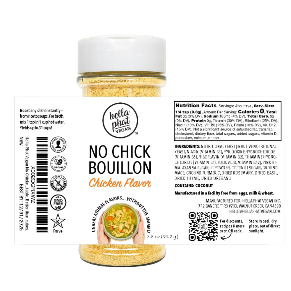 Hella Phat VeganNo Chick Bouillon - Lower Sodium, Flavor-Packed Vegan Broth Powder - Gluten-Free, Non-GMO for Soups, Ramen, Gravy & More - Easy-Dispense, Leak-Proof Shaker Bottle