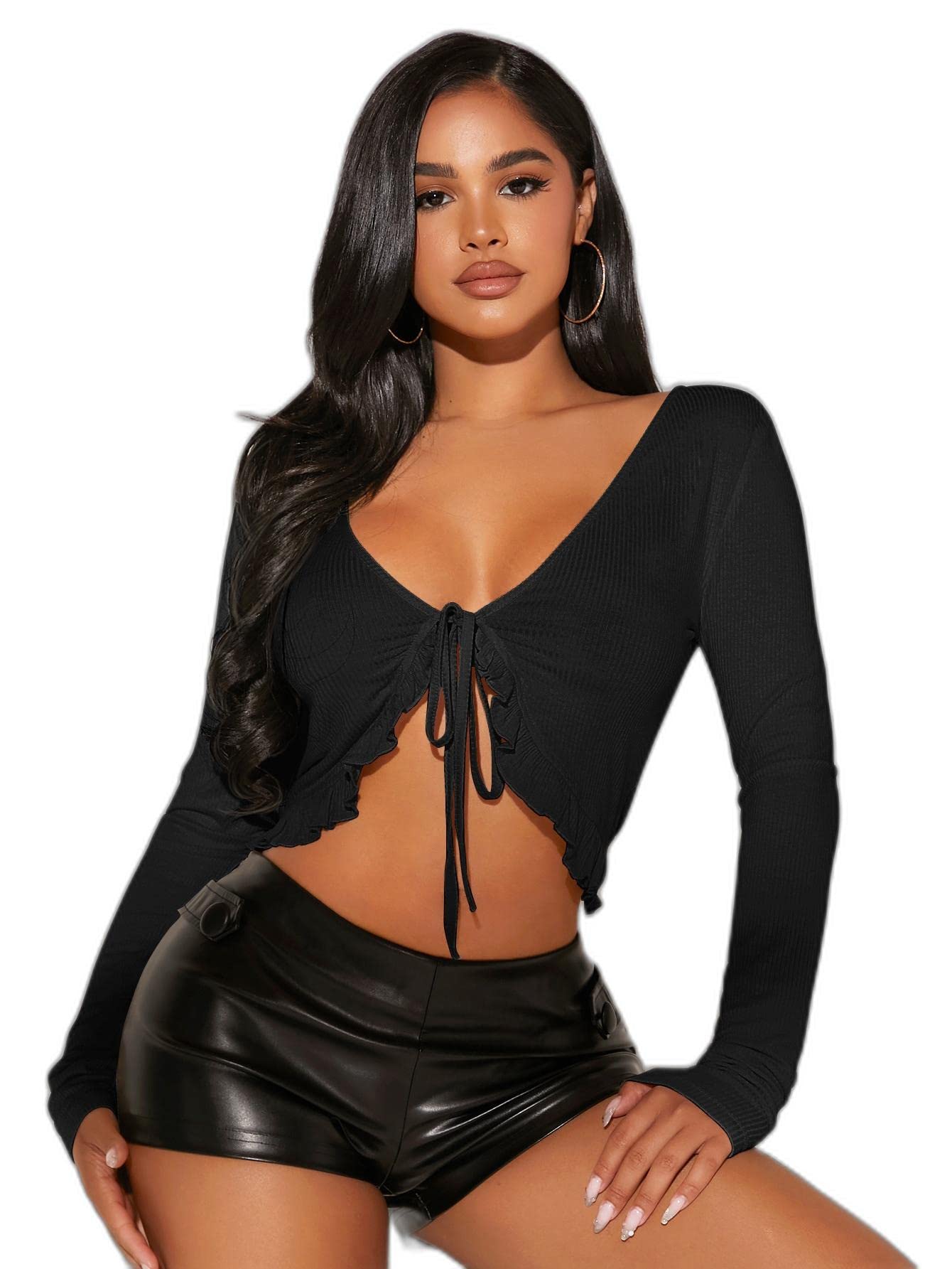 Women SXY Solid Tie Front Crop Top