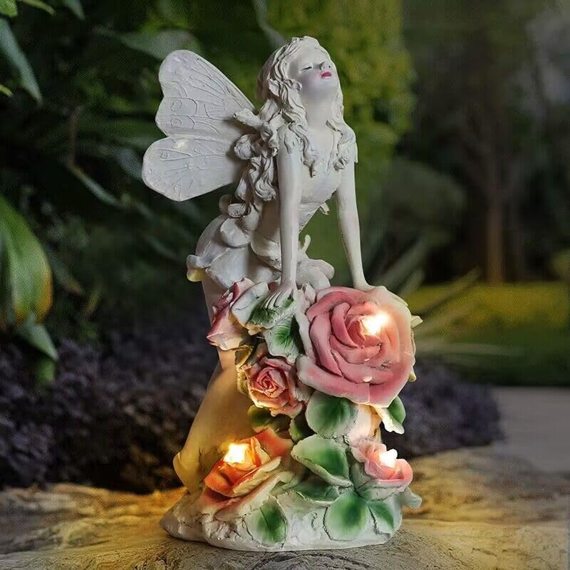 Tovotum Solar Fairy Garden Statue,Garden Flower Angel Figurine Outdoor Decoration Waterproof Resin Garden Sculpture for Patio Lawn Garden Ornament Housewarming Xmas Birthday Gift (Style03)