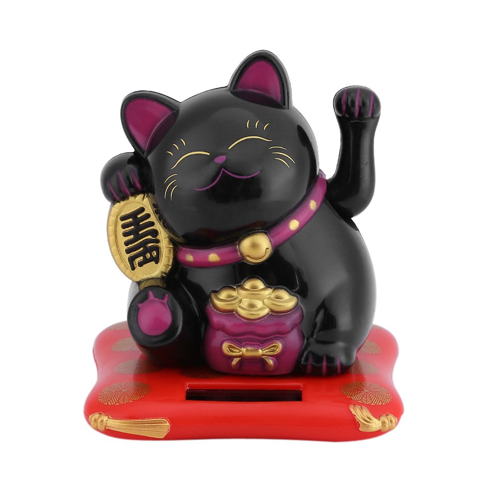 Lucky Cat, Beckoning Waving Wealth Cat Maneki Neko Solar Powered Money Cat Lovely Waving Arm Attract Fortune Cat for Car/Home/Office/Store Decoration Bussiness Gift (Black)