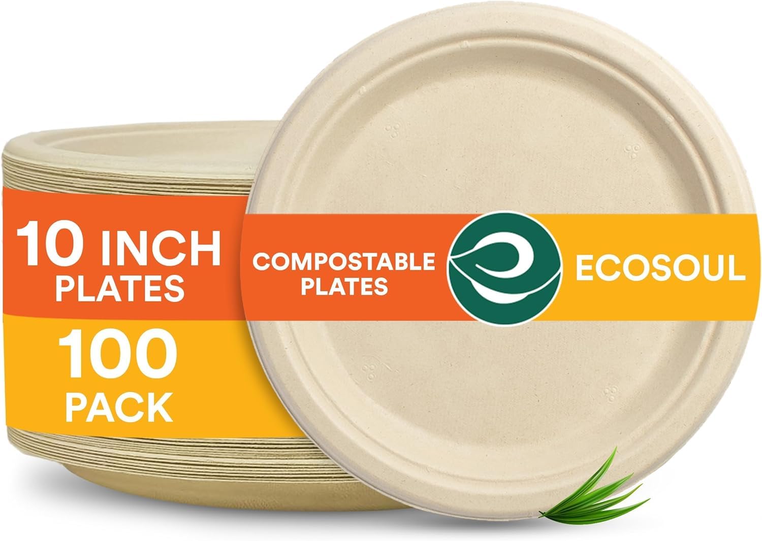 ECO SOUL [10 inch, 50 Pack Disposable Bagasse Plates | Eco-Friendly, Biodegradable, Sugarcane Paper Plates | for Serving Snacks | Birthday, Wedding & Party | Round, Beige (25 cm)