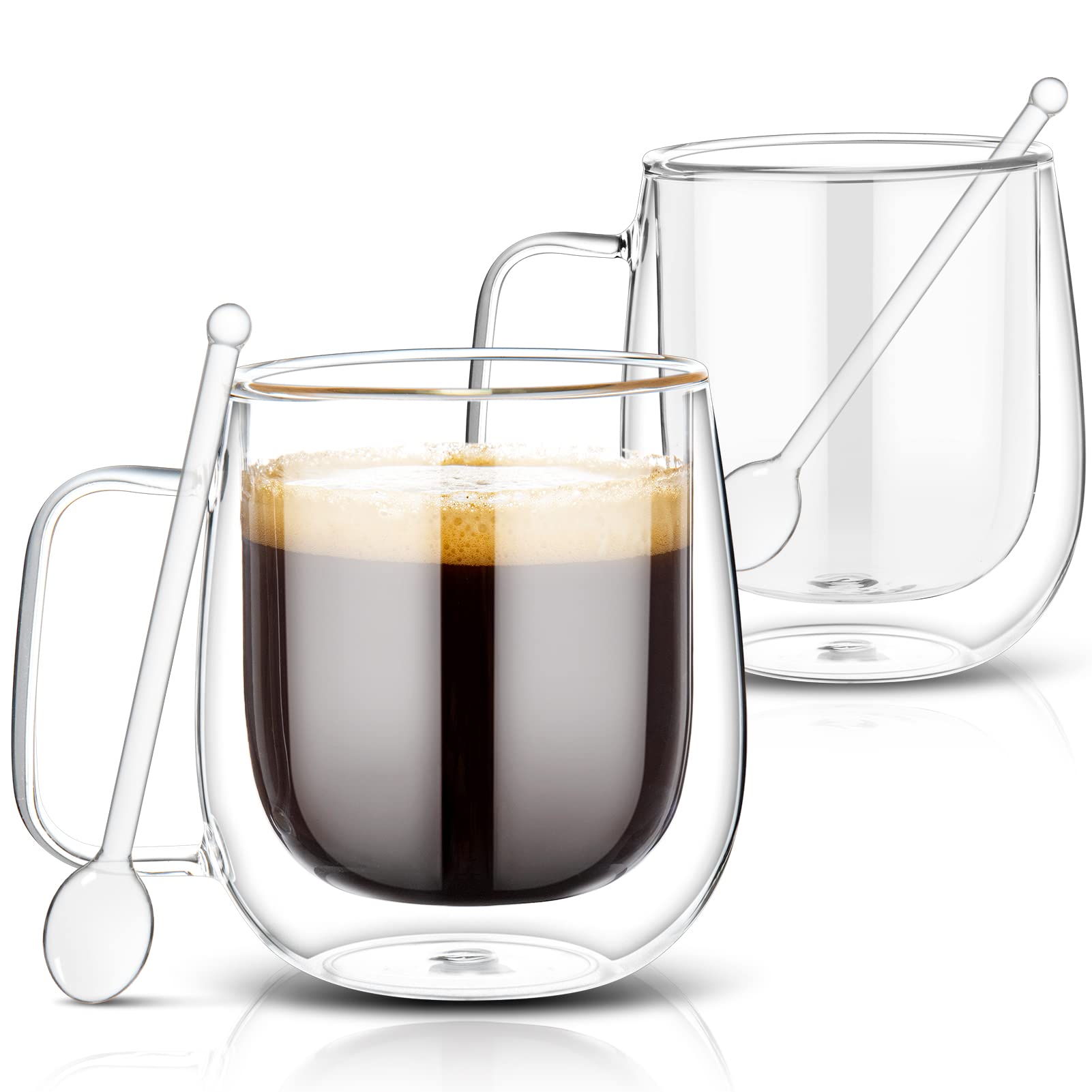 Nalection Espresso Coffee Cups, Double Wall Insulated Glass Coffee Mugs with Handle and Spoons, Set of 2 Glassware, Tea Cup for Espresso, Cappuccino, Latte, Microwave(350ml*2)