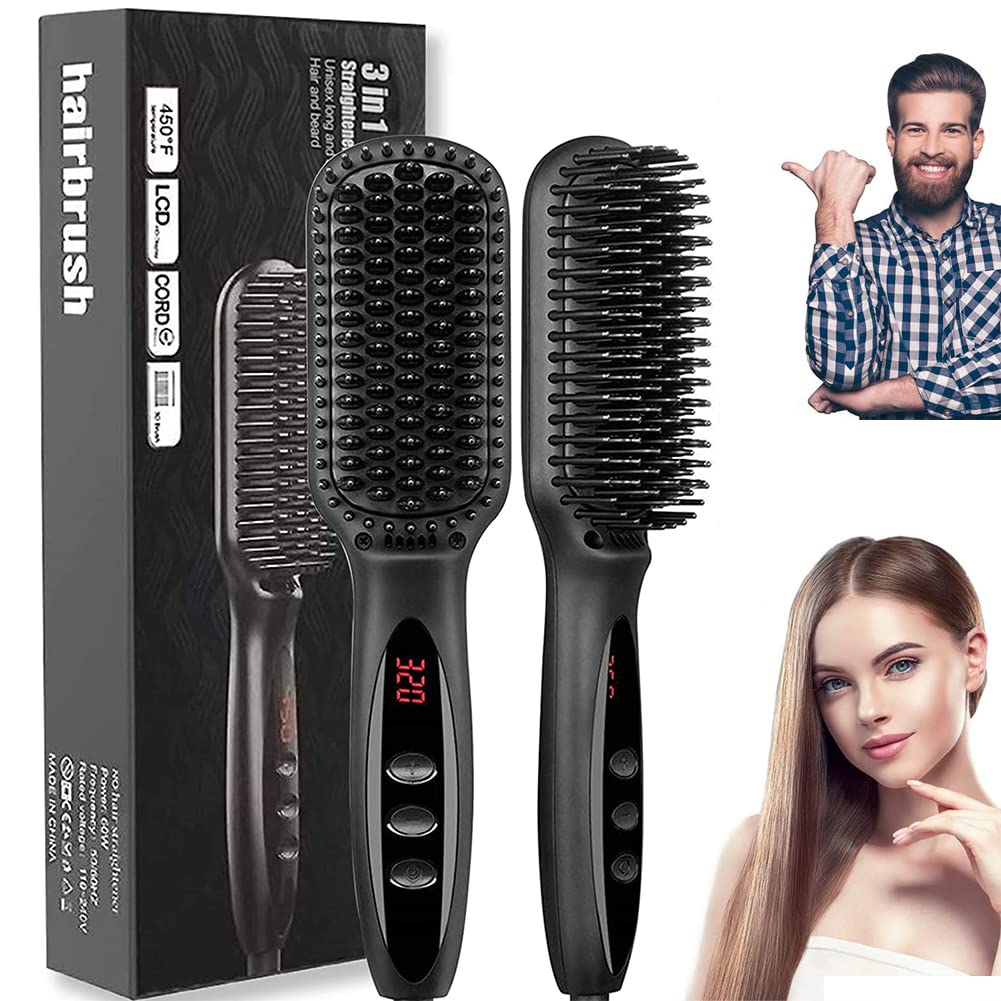 BIKUULIonic Hair Straightening Brush,with Anti-Scald and Auto Temperature Lock, PTC Ceramic Hair Straightener Comb for Women,Multifunctional Hair Comb Beard Straightener Brush 3-in-1 for Men