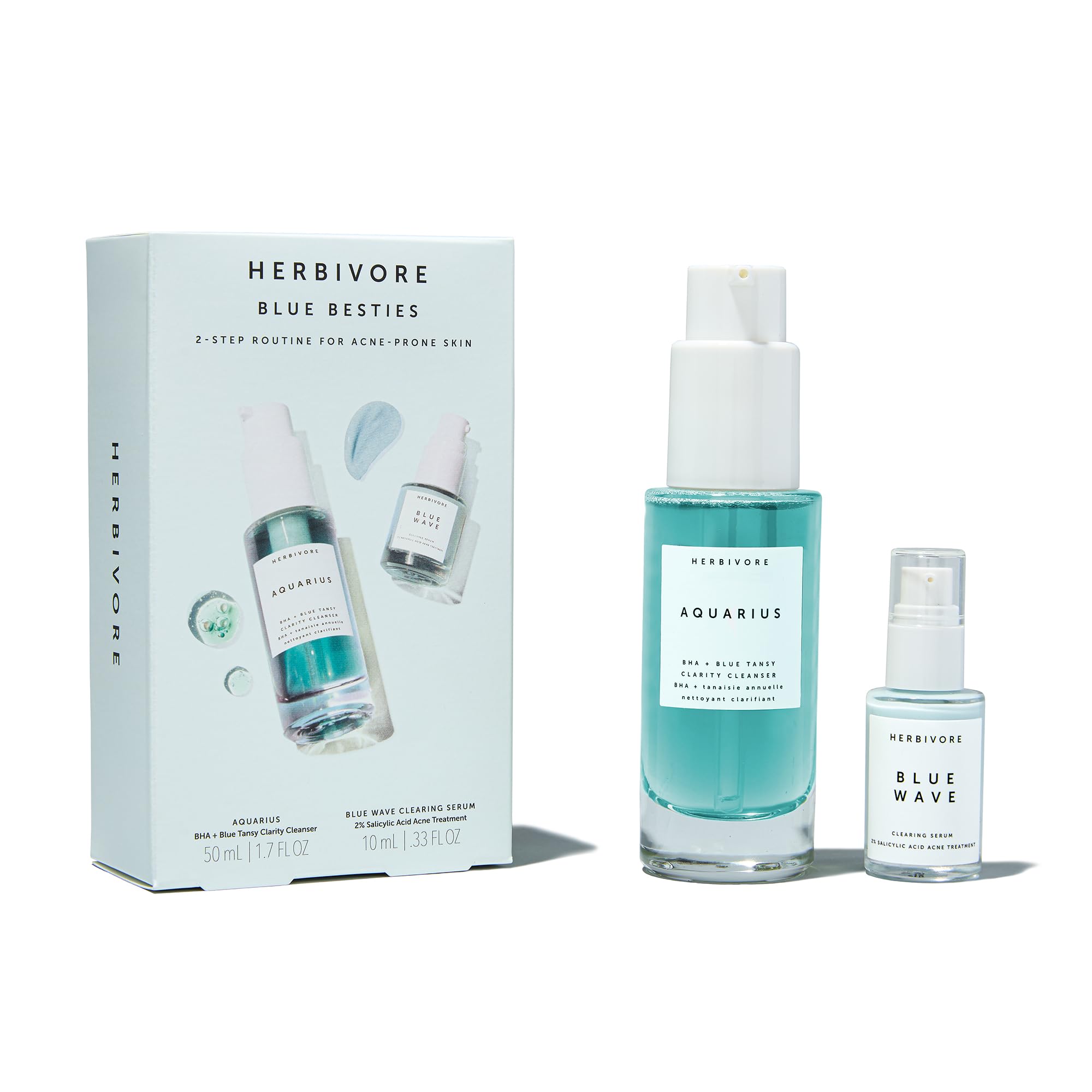 HERBIVOREBlue Besties Duo – 2-Step Treatment for Acne-Prone Skin, Aquarius Cleanser (50 mL) & Blue Wave Serum (10 mL), Plant-Based, Vegan, Cruelty-Free