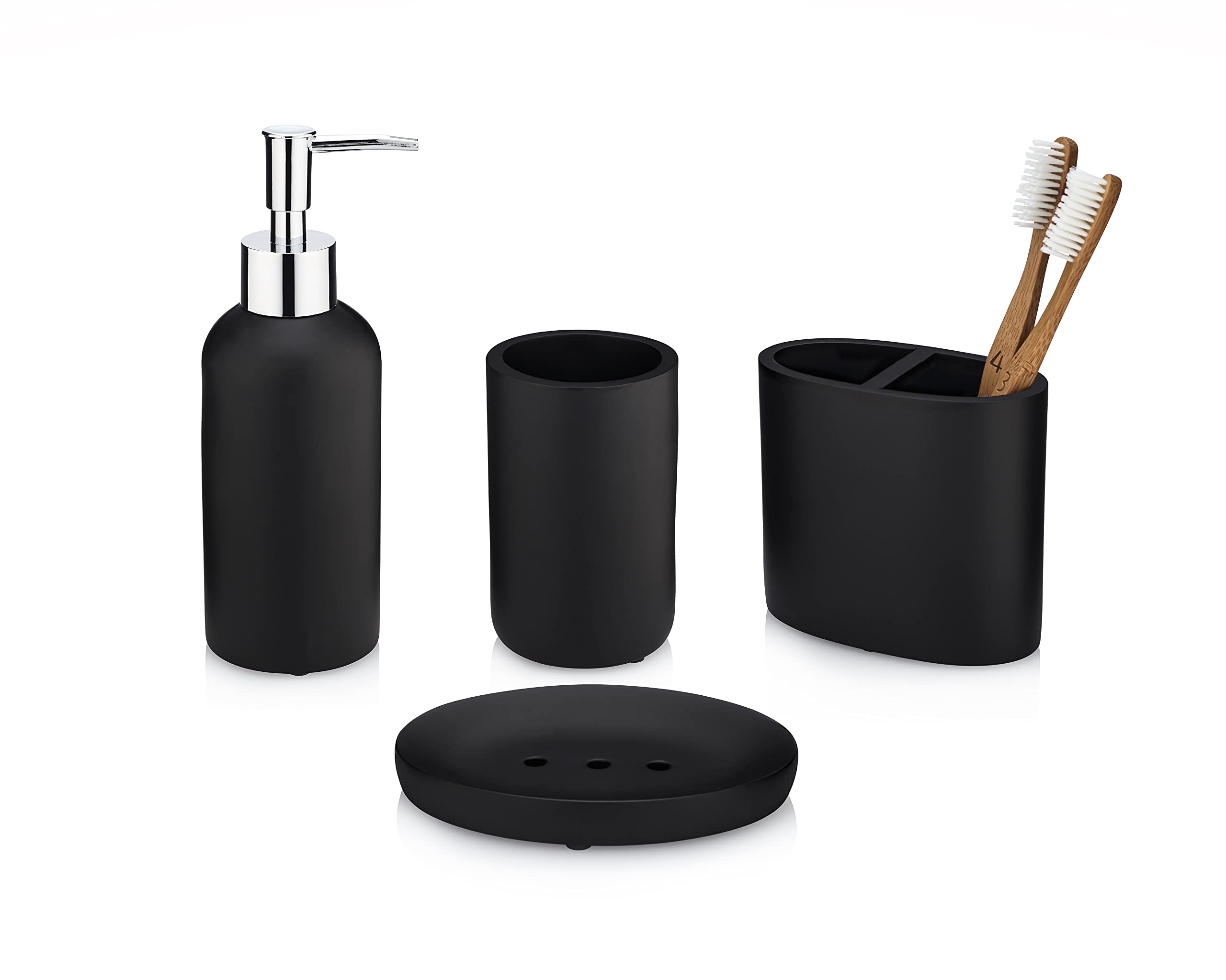 Essentra HomeMatte Black Collection 4-Piece Bathroom Accessory Set. Includes: Soap Dispenser with Chrome Pump, Toothbrush Holder, Tumbler and Soap Dish