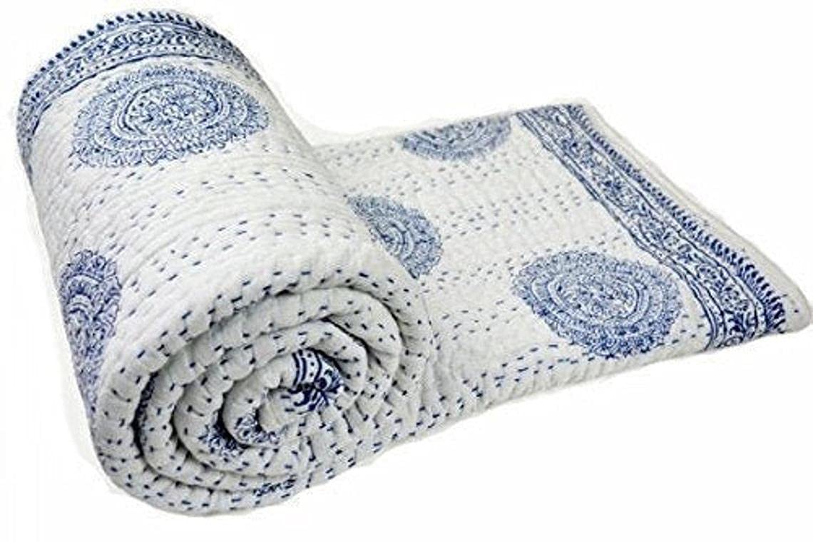 White King/Twin Handmade Bohemian Hand Block Print Pure Cotton Bedspread Kantha Stitch Hippie Kantha Bed Spread Reversible Bedcover Throw Quilt (White&Blue, 90X108 inches)