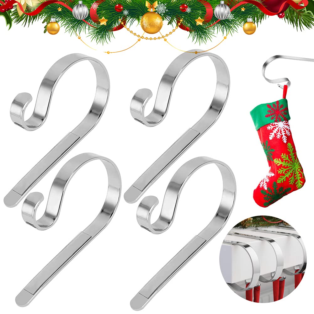 VDSOW Christmas Stocking Hooks for Fireplace, 4 Pack Silver Metal Christmas Stocking Holders for Mantel, Xmas Stocking Hangers Clips for Christmas Tree Table Fireplace Hanging Decoration Ornaments