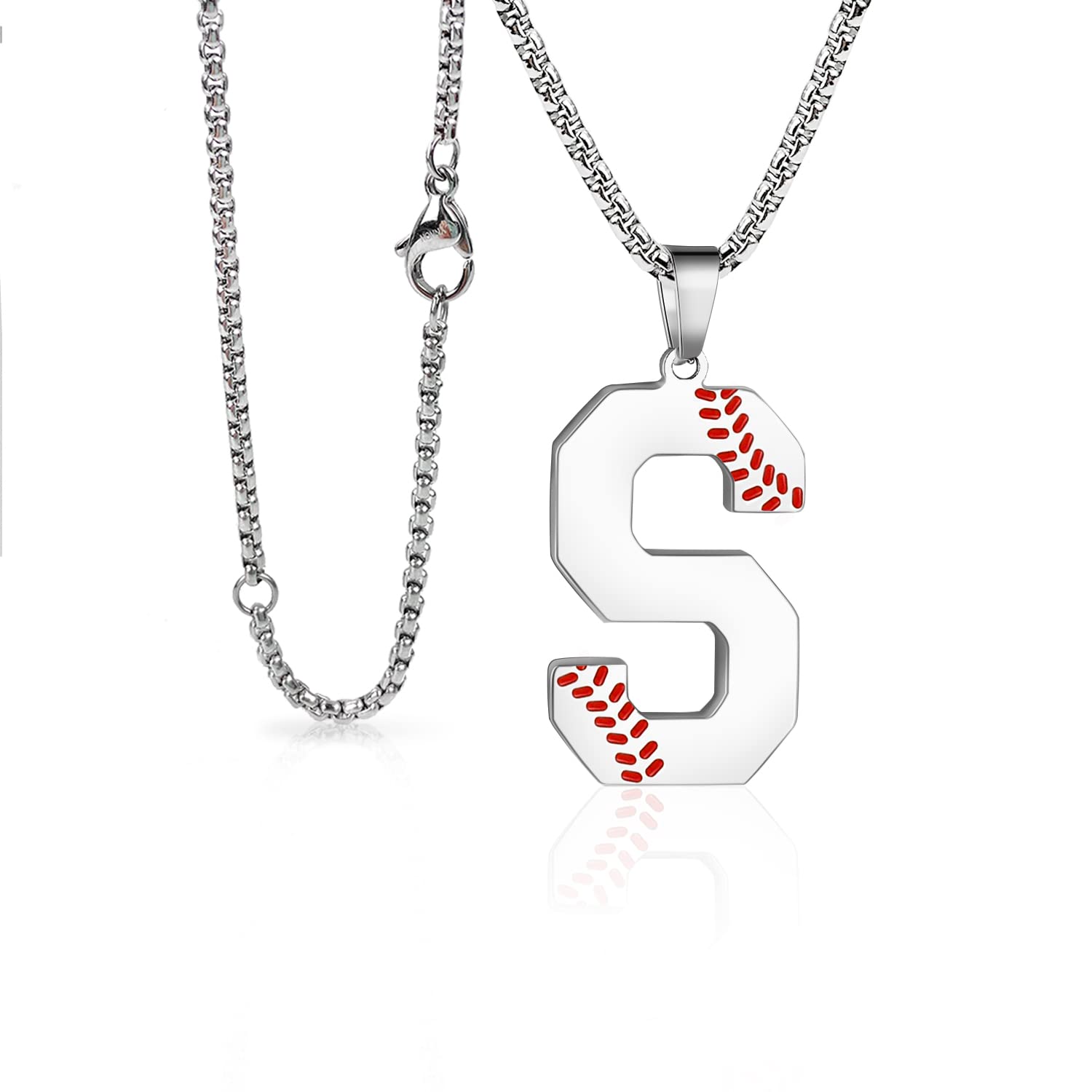 Baseball Initial Necklace for Boys Men A-Z Letter Necklaces Chain Stainless Steel Pendant with Accessories Sport Charm Baseball Gifts for Team Player Athlete Lover Fans