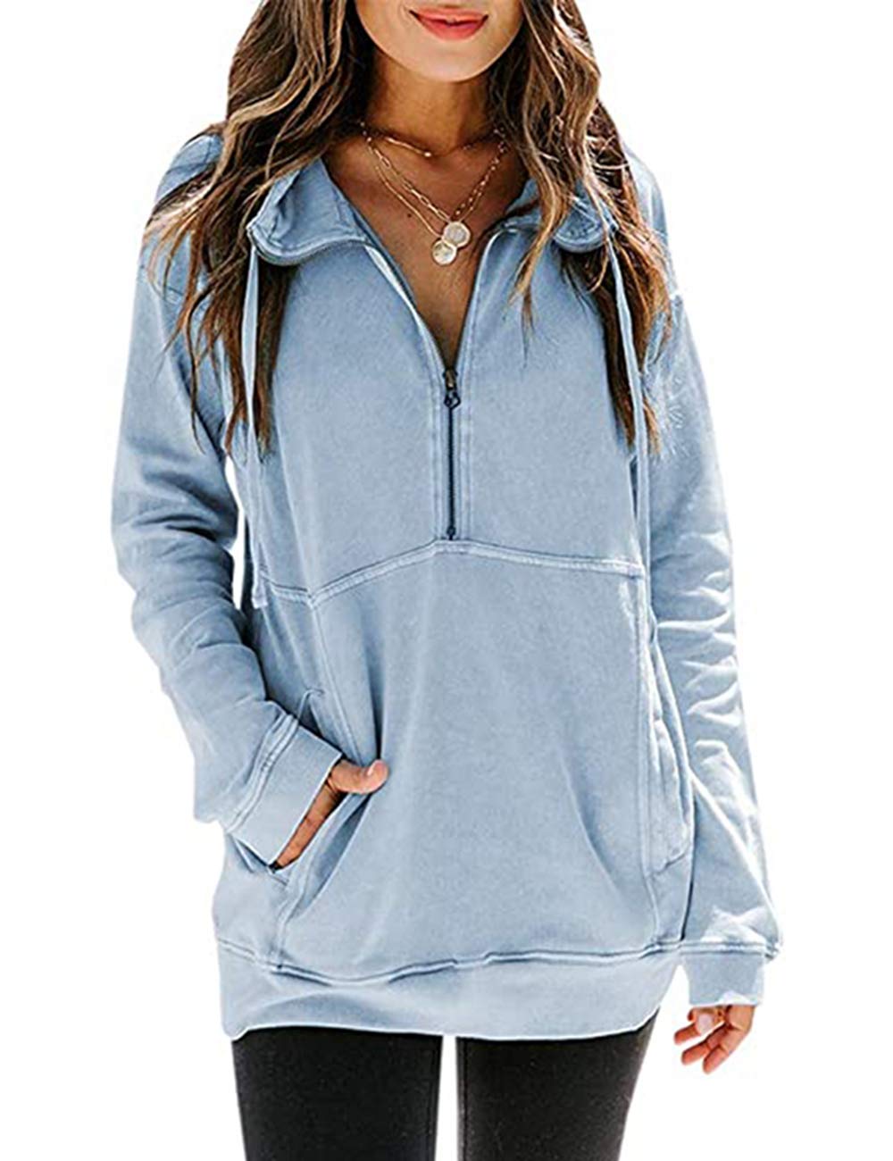 MUCOOWomen's Casual Long Sleeve Half Zip Sweatshirts Stand Collar Pullover Tunic Tops with Kangaroo Pockets