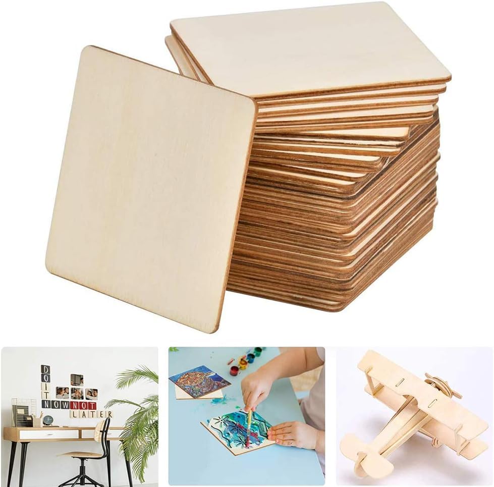 Haoser 50 Pcs Unfinished Wood Pieces, Natural Blank Wood Squares, Wooden Square Cutouts Tiles for DIY Crafts Painting, Coasters Engraving, Home Decorations Square MDF Board (5 Inch)