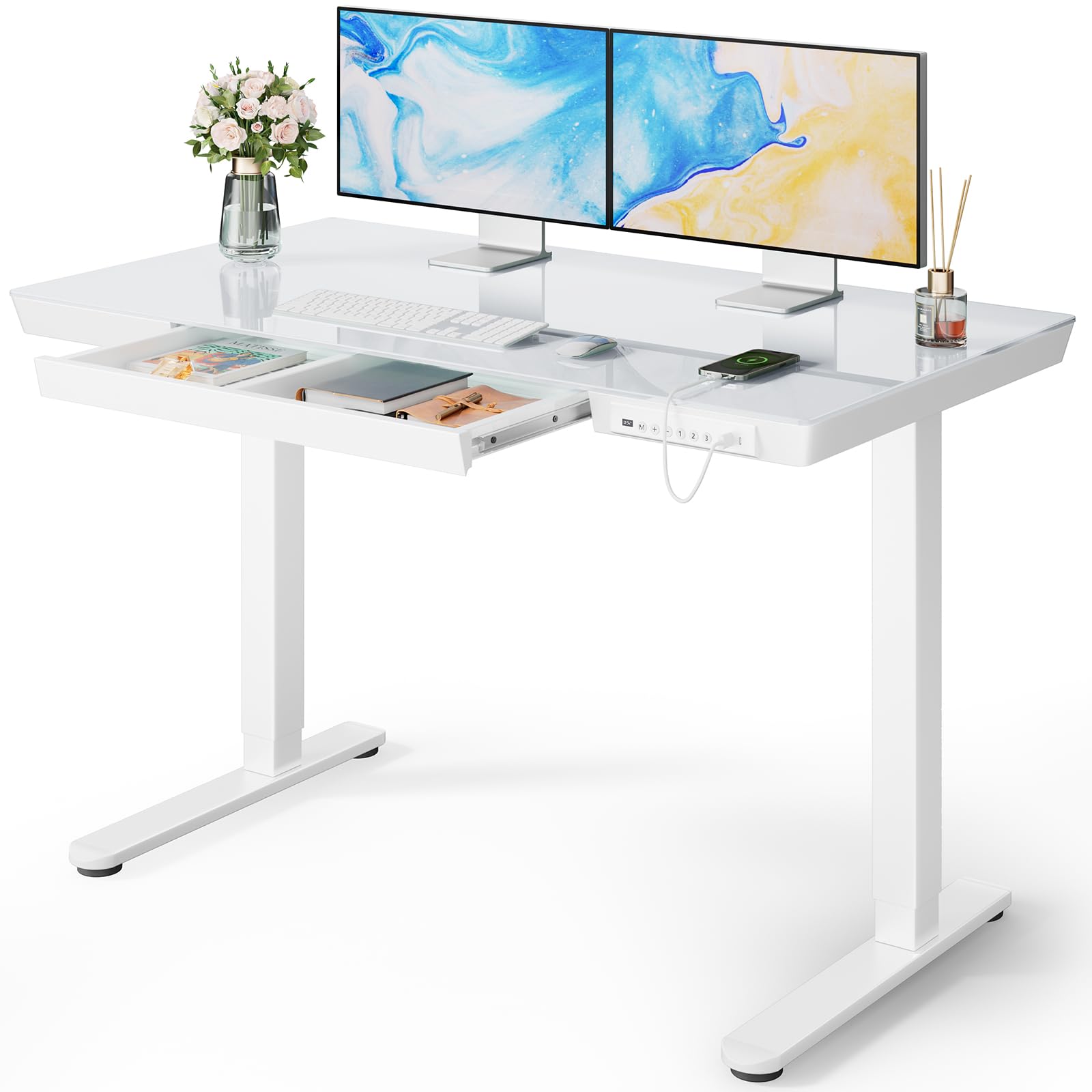 Marsail Glass Standing Desk with Drawer, 48 x 24 inch Electric Standing Desk, Height Adjustable Desk with One-Piece Tabletop & USB Charging Ports, Sit Stand Desk with Storage for Home & Office White