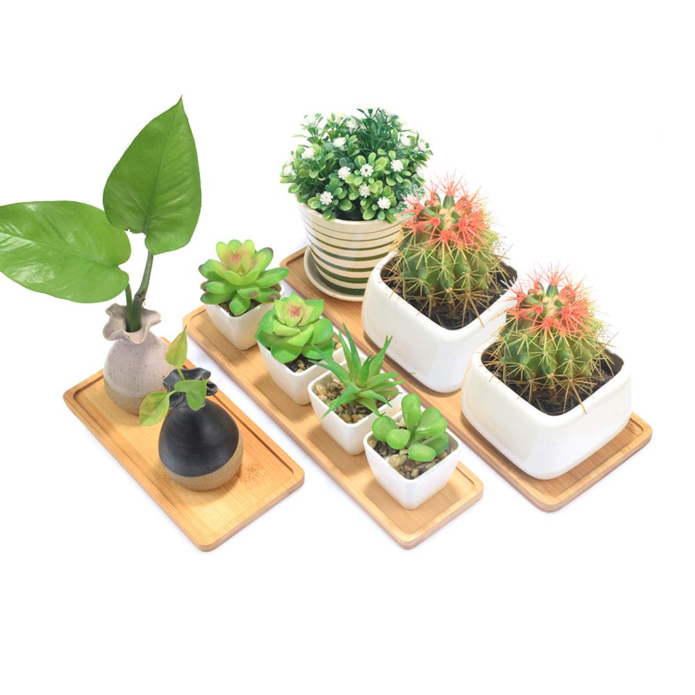 YCDC Plant Saucer, 2 PCS Mini Rectangle Bamboo Tray, Drainage Pot Saucer, Rectangular Wooden Tray, Succulent Planter Tray Bonsai Flower Boxes Tray, Whole Size 7x4x0.35 Inch