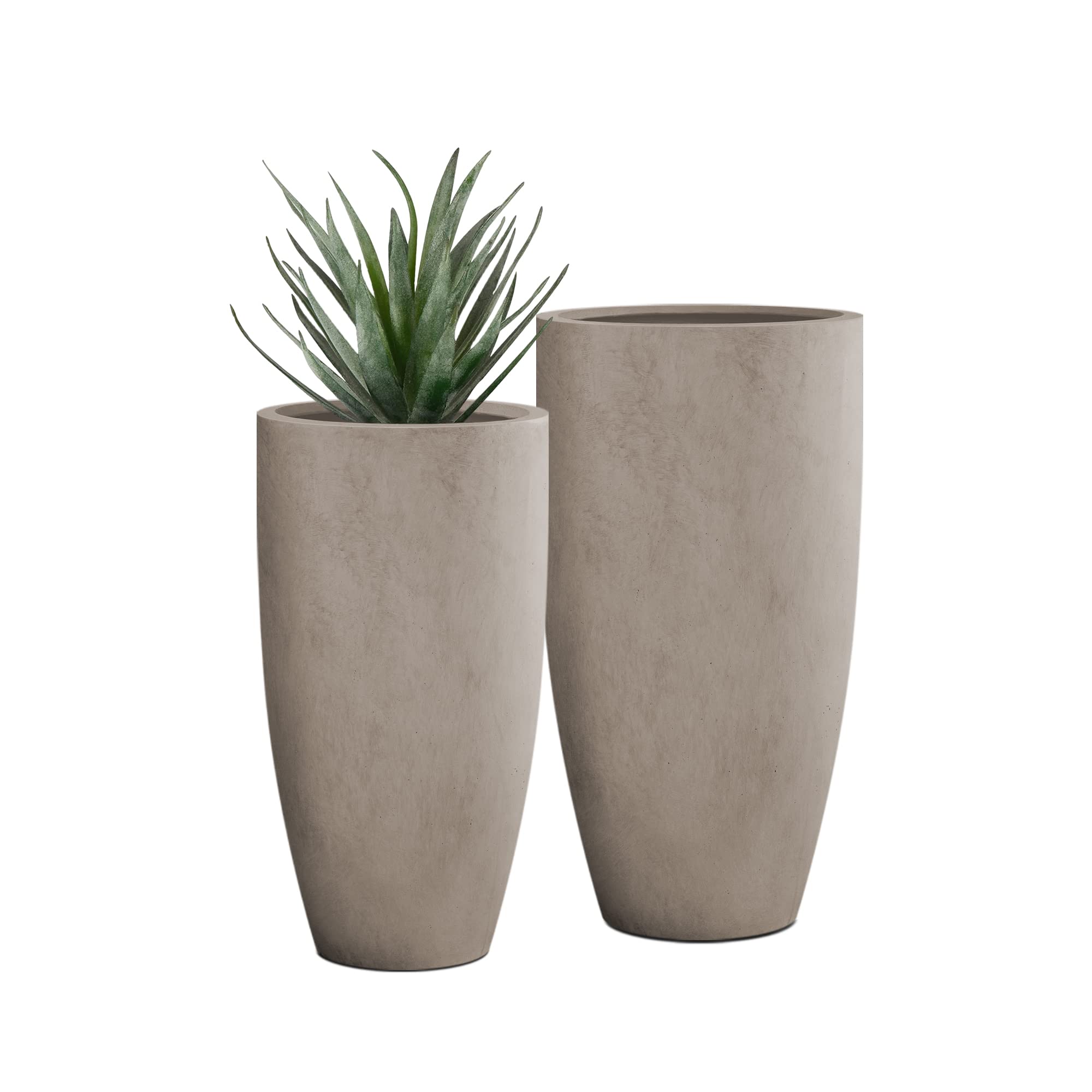 Round Tall Concrete/Fiberglass Indoor & Outdoor Lightweight Decorative Plant Pots with Drainage Hole, Set of 2, 31.4" & 23.5" H, Weathered Concrete