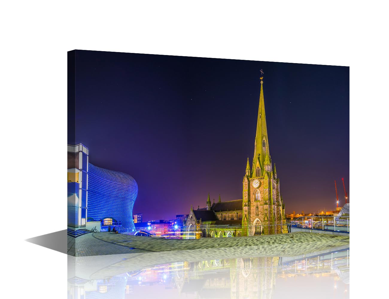 TISHIRON Birmingham City England Canvas Wall Art Saint Martin Church at Night Picture Prints Modern Home Office Wall Decoration Stretched Ready to Hang 24 x16Inch