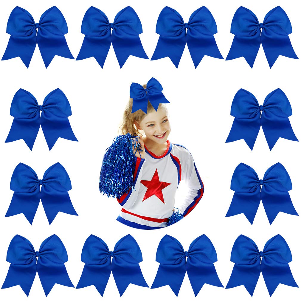 DEEKA 12PCS 8" Large Cheer Hair Bows Ponytail Holder Handmade for Teen Girls Softball Cheerleader Sports-Royal Blue