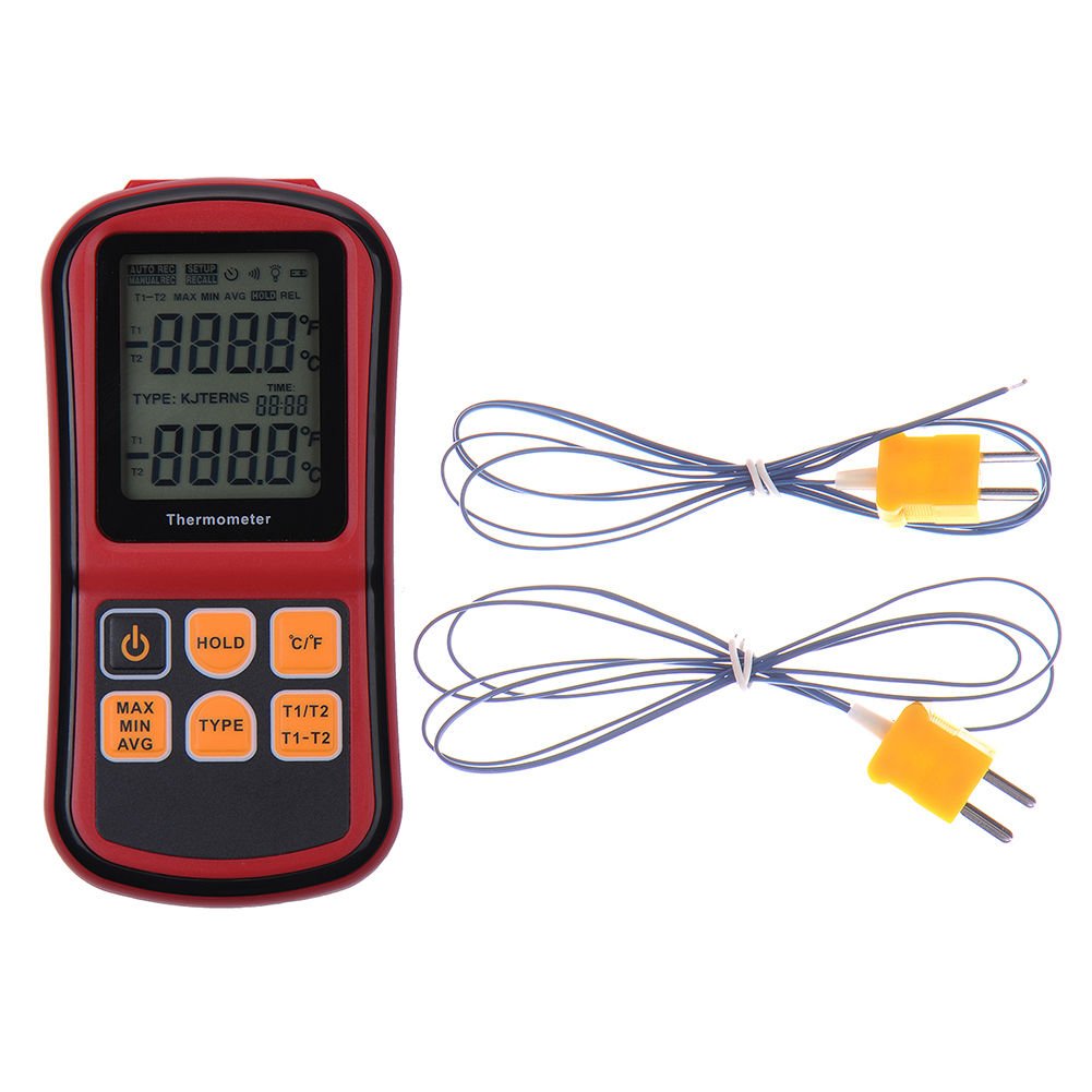 RGBS Dual Channel Digital Thermometer with Two K- type Thermocouples Temperature Meter with LCD Backlight for K/J/T/E/R/S/N Thermocouple, for Industry, Agriculture, Meteorology and Daily Life