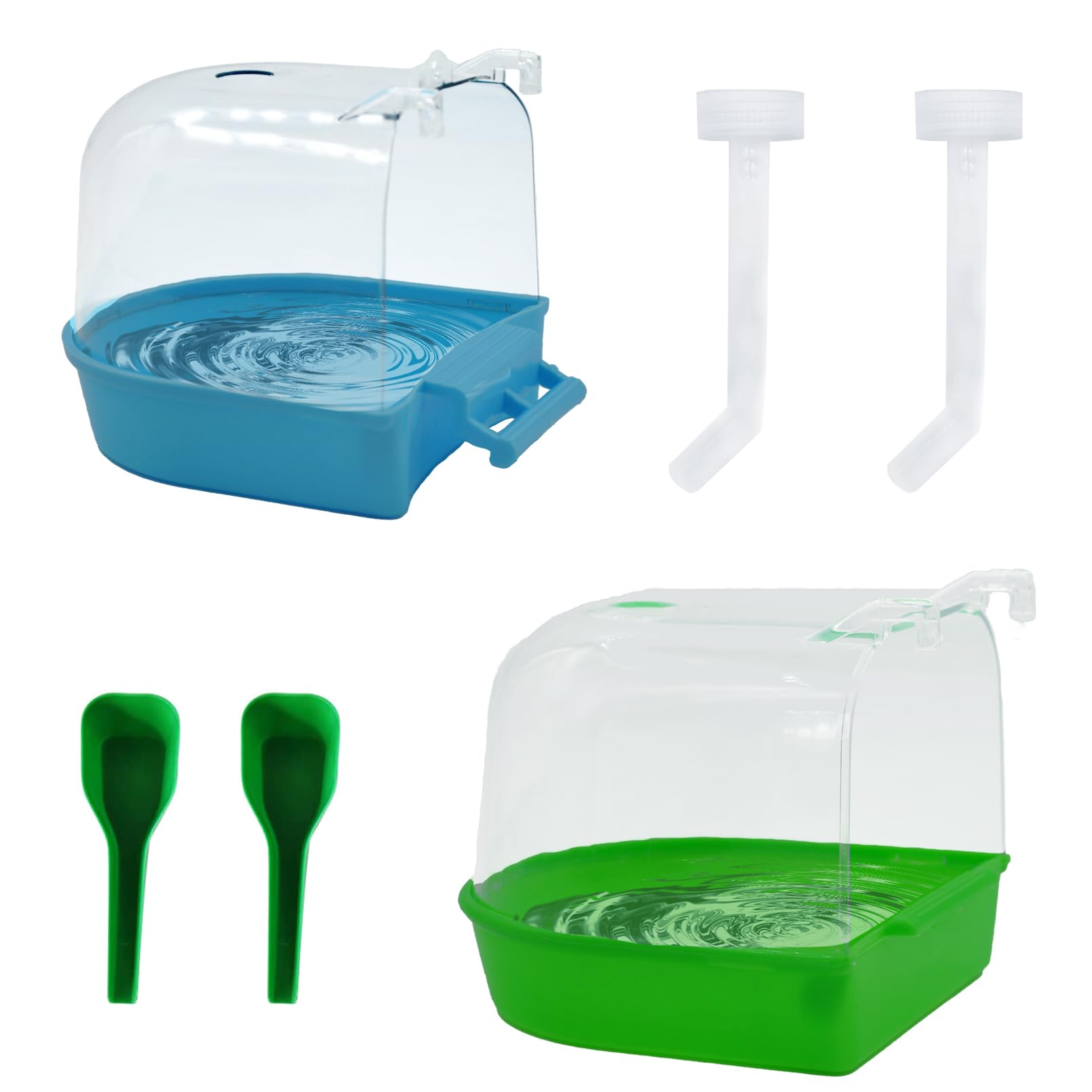 PINVNBY 2 Pcs Bird Bath Box,Parrot Bathtub Birds Cage Hanging Bathing Tub Accessory with 2 Pcs Water Injector and 2 Pcs Feeding Spoon for Canary Budgerigar Lovebird Birds (Blue and Green)