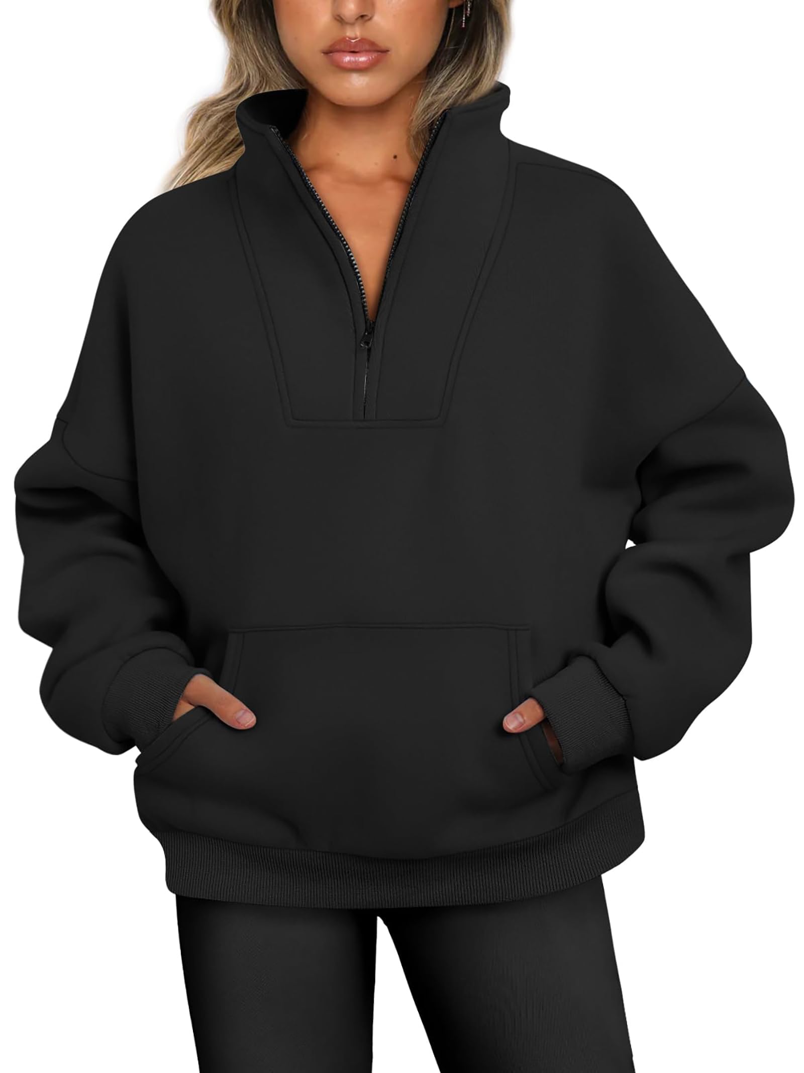 JhsnjnrWomen's Quarter Zip Jumpers Fleece Lined Pullover Sweater Tops Plain Oversized Sweatshirts