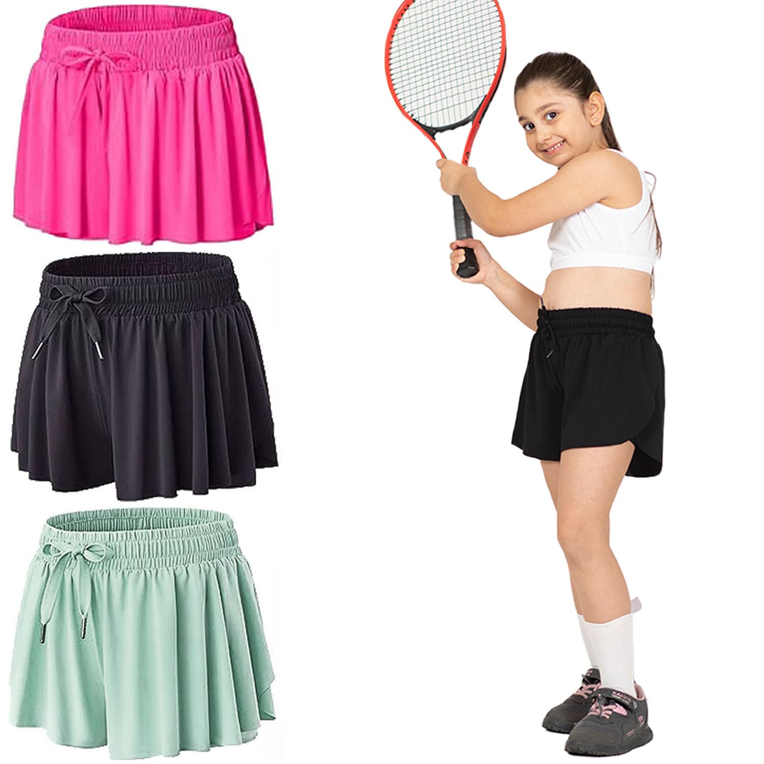 MODERN ASIR 3 Pack Girls Flowy Shorts with Spandex Liner 2-in-1 Youth Butterfly Skirts for Fitness, Running, Sports