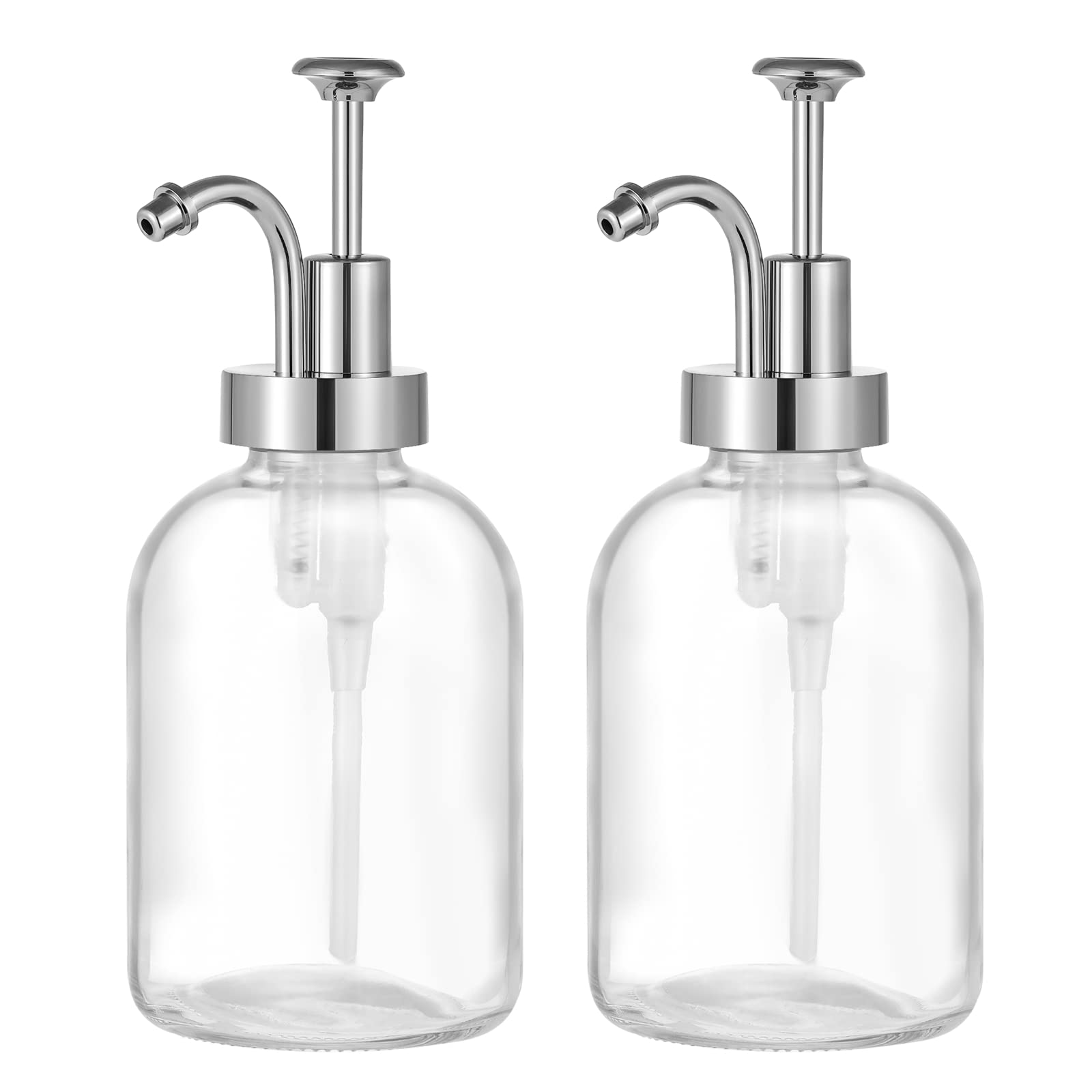 CHBKT 2 Pack Thick Clear Glass Jar Soap Dispenser with Silver Pump, 17ounce Boston Round Bottles Rustproof Pump for Essential Oil, Lotion Soap, Coffee Syrup Bar Accessories