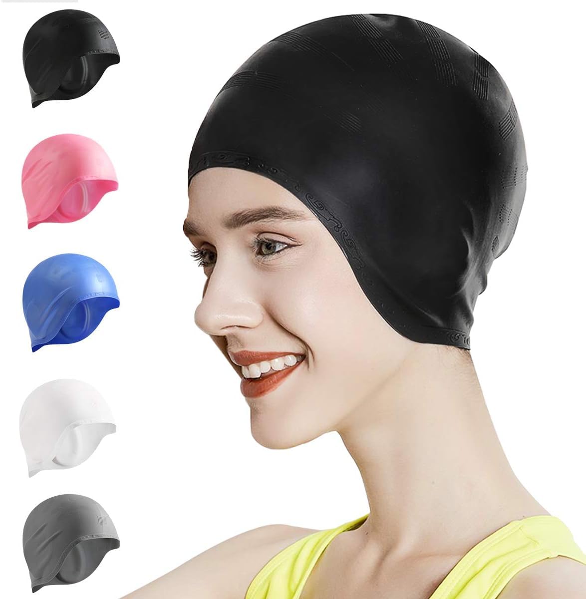 OkelaSwim Cap,Silicone Swimming Caps for Women Men Comfortable Bathing Cap Long Hair Cover Ears Reinforced Edge Tear-Proof Design Non-Slip Swim Hat Keep Hair Dry