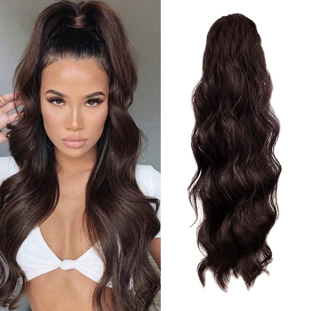 KETHBE24 Inch Long Body Wave Ponytail hair Extension Synthetic Heat Resistant Wrap Around Drawstring Curly Wavy Ponytail Hairpieces for Women (4#)