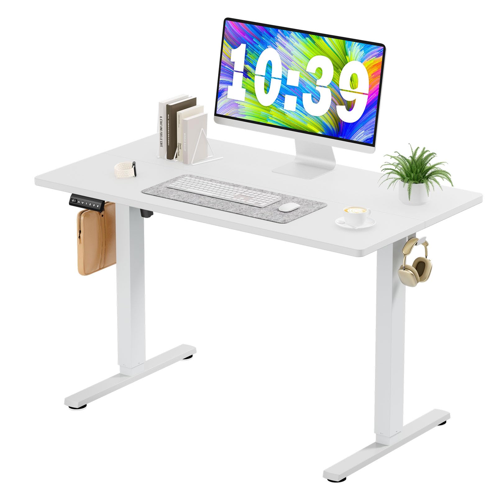 Sweetcrispy Electric Standing Desk - 40 x 24 inch Adjustable Height Sit to Stand Up Desk with Splice Board, Rising Home Office Computer Table with 2 Hook and Wire Hole for Work