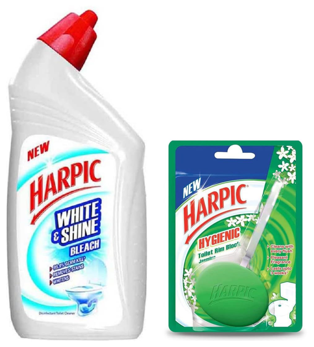 Harpic White and Shine Disinfectant Toilet Cleaner Bleach - 500 ml | India's # 1 Toilet Cleaner & Harpic Hygienic Toilet Cleaner Rim Block, Jasmine - 26 g | Toilet Flush Cleaner Blocks