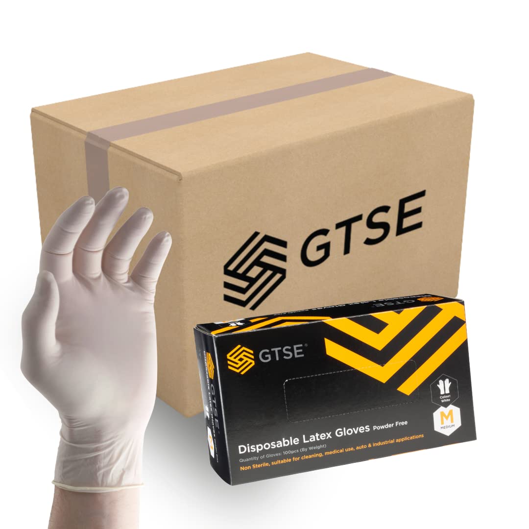 GTSE Bulk Box of 1000 Latex Gloves, Size Medium (M), Powder Free Disposable Gloves, White, Suitable for Medical Use, Automotive, Cleaning and Industrial