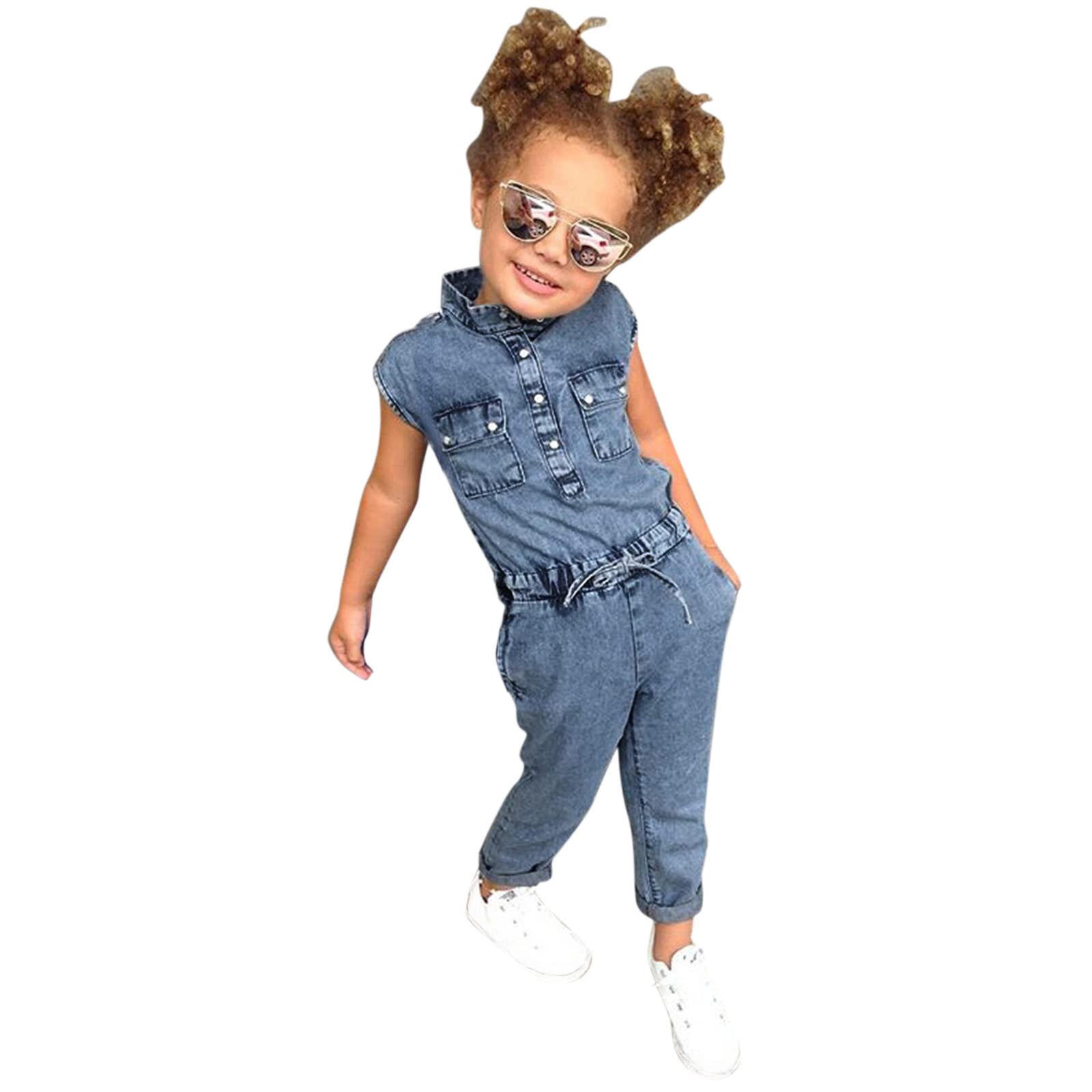 Digood Toddler Baby Girls Romper Summer Casual Sleeveless Solid Denim Jumpsuit Kids Bodysuit Clothes