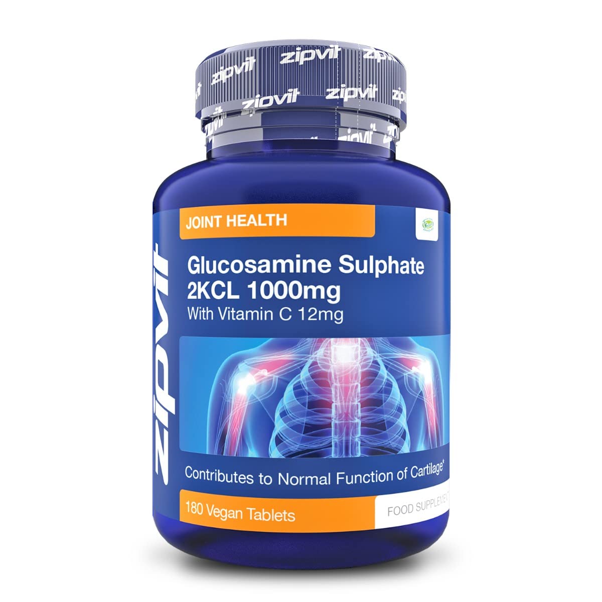 ZipvitGlucosamine Sulphate 2KCl 1000mg with Vitamin C, 180 Vegan Tablets, Supports Bones, Cartilage & Collagen, Reduces Tiredness & Fatigue, Joint Health Supplement, 6 Month Supply