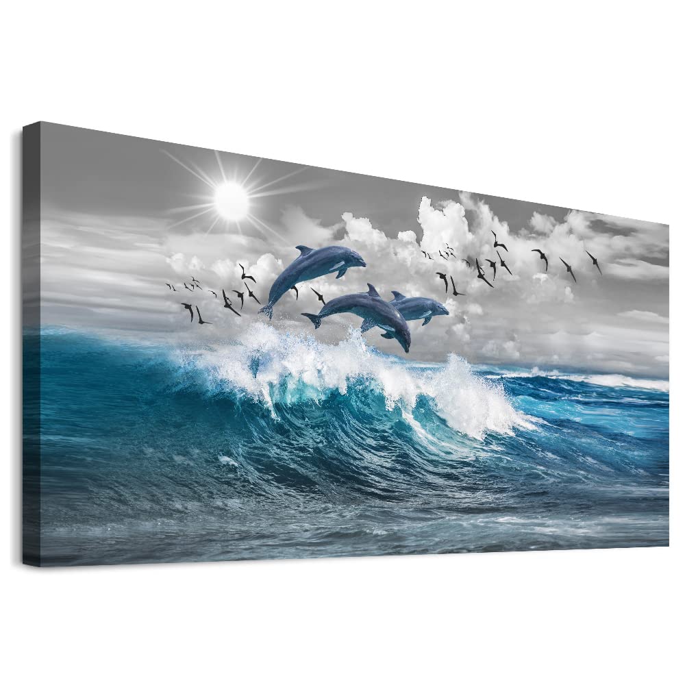 Wall Decorations For Living Room Large Size Canvas Wall Art For Bedroom Blue Waves Of The Sea Wall Pictures Artwork Modern Office Canvas Art Print Dolphins Wall Paintings Ready To Hang Home Decor