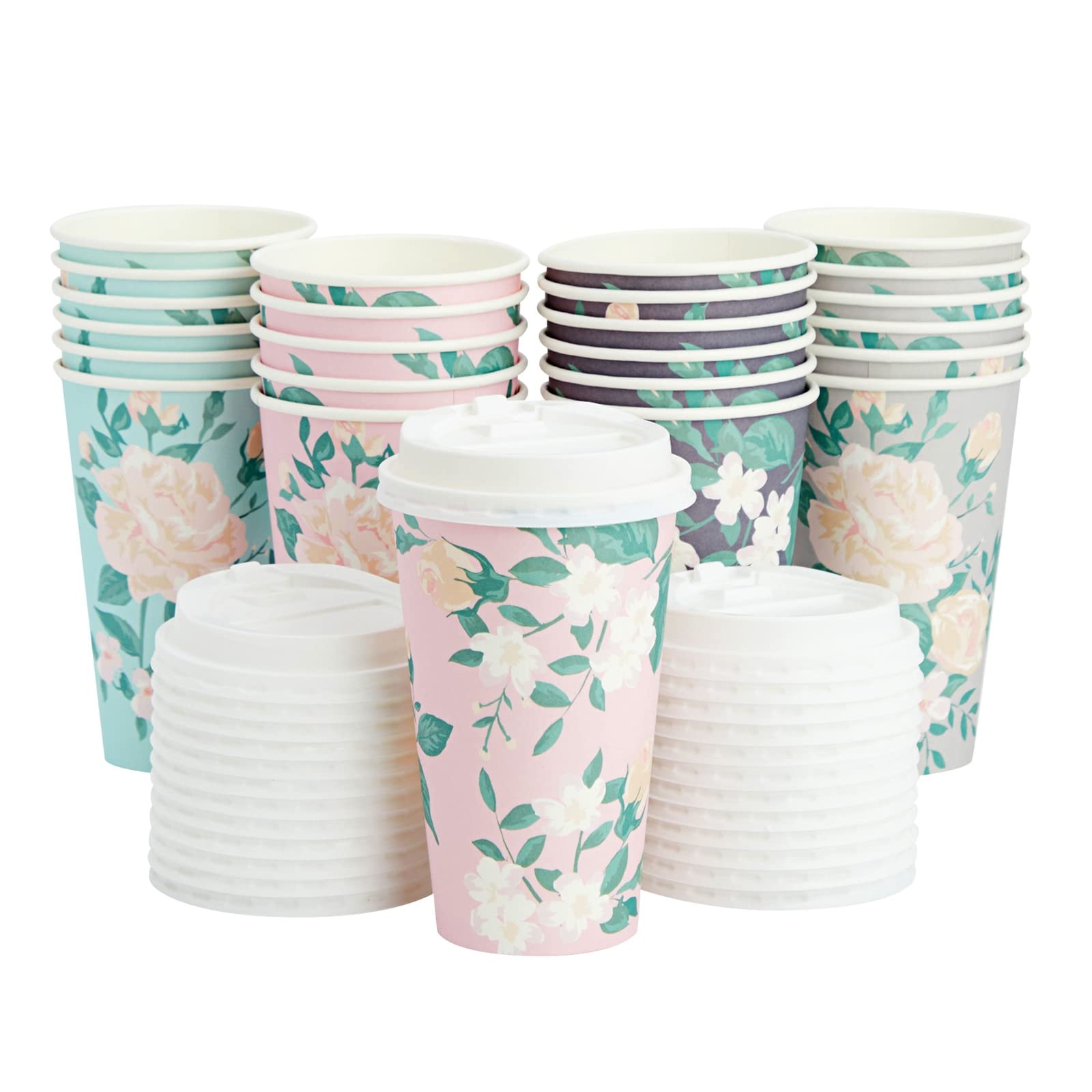 Juvale 24 Pack Disposable Floral Paper Coffee Cups with Lids 16 oz, To Go Coffee Cups for Flower-Themed Birthday Party Supplies, Wedding Reception, Baby Shower (4 Pastel Colors)