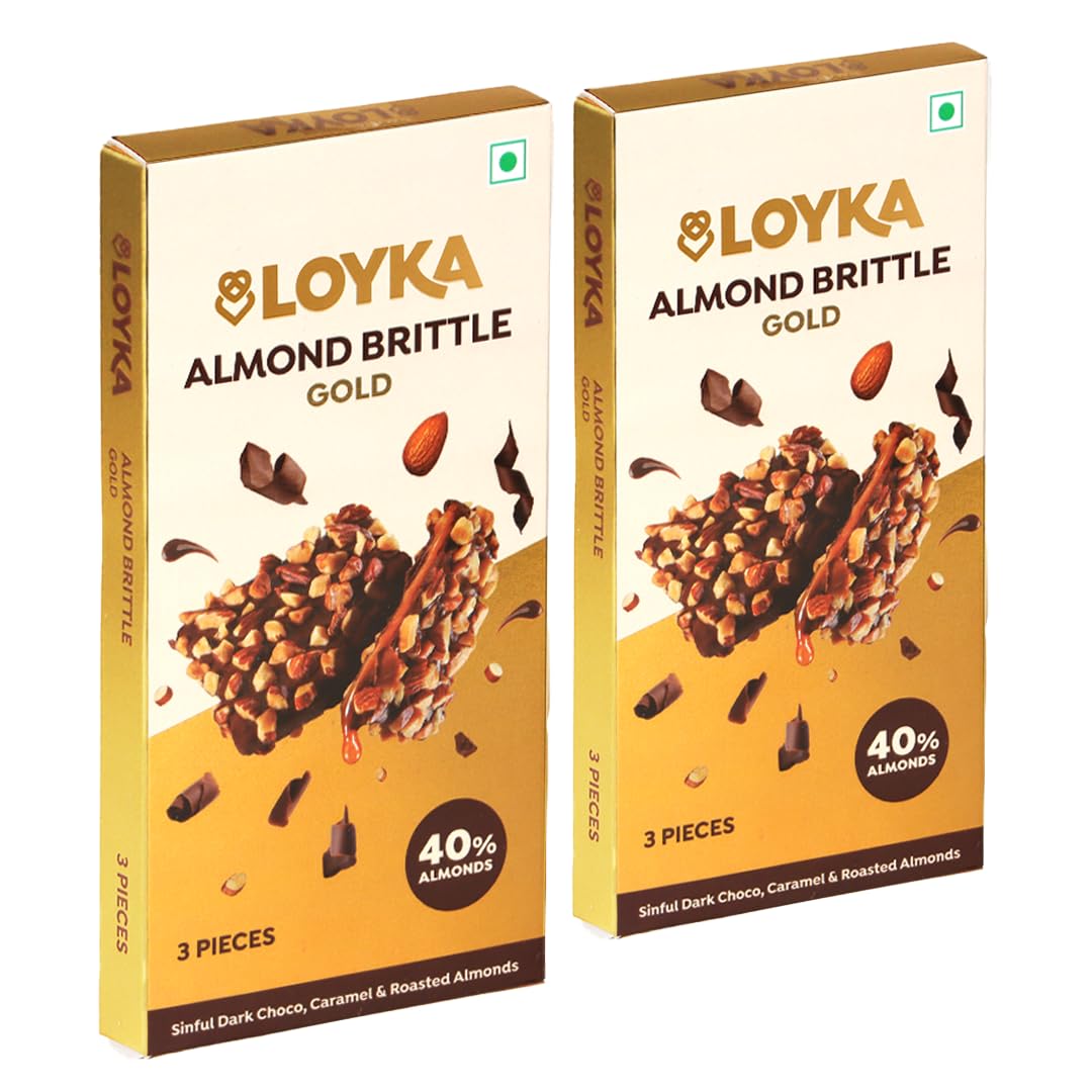 Loyka Almond Brittle Gold Choco Box - 3 pcs X 2 | Premium Chocolate Gift Hamper |Choco & Nut Dry fruit Delicacy |Roasted California Almonds (40%), Dark Choco & Salted Caramel | 204 gram