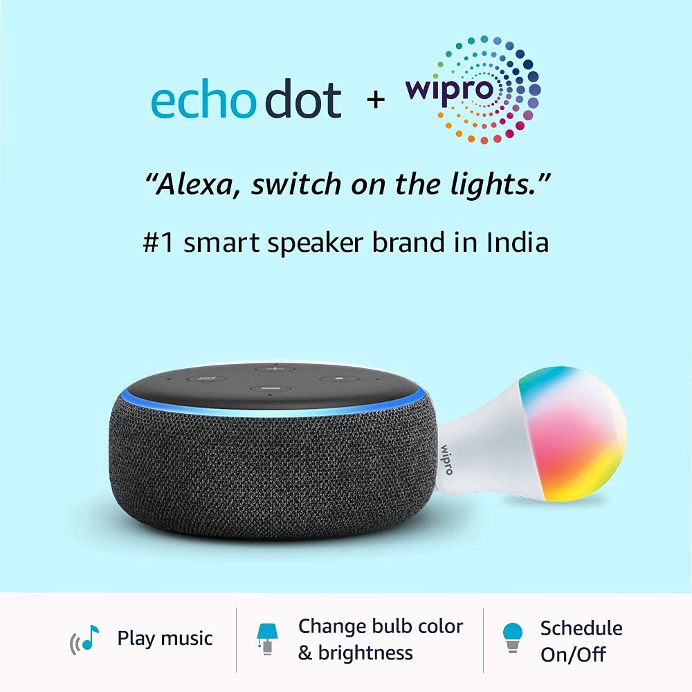 Echo Dot (Black) Combo with Wipro 12W LED Smart Color Bulb