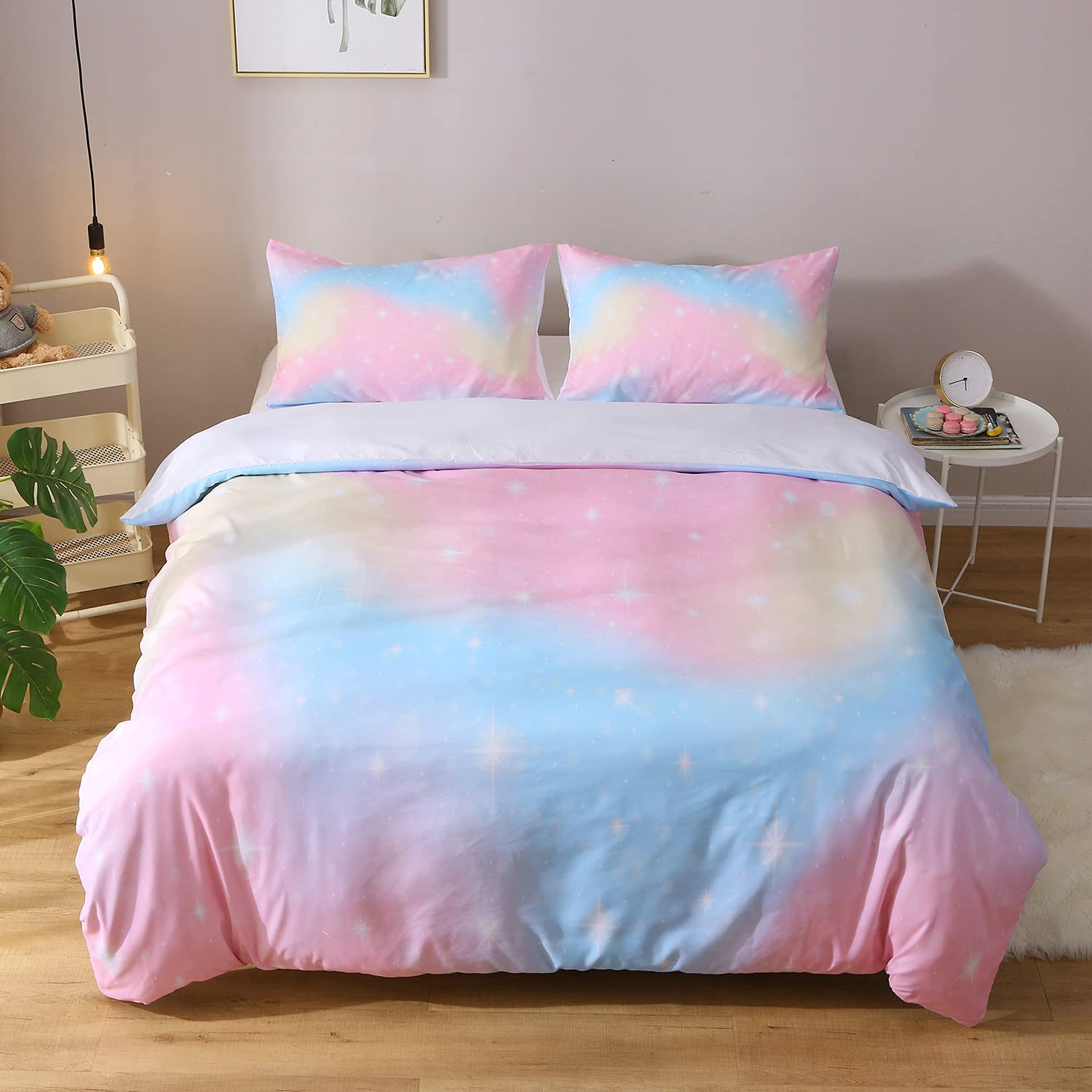 HLWDXno1 Pink Starlight Girls Bedding Single Set Print Duvet Cover Set with 2 Pillow Case Rainbow Stripe Kid Bedding Single Bed Sets Ultra Soft Brushed Microfiber Children Quilt Cover Zipper Closure