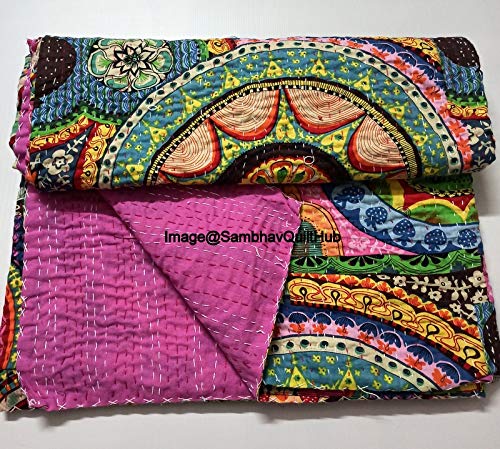 Sambhav Quilt HubSambhav Quilt Hub Multi Color Indian Cotton Handmade Quilted Blanket Indian Cotton Floral Print Bedspread Kantha Work Bohemian Bed Decor Throw Blanket Twin/King/Queen (108X108 inches)